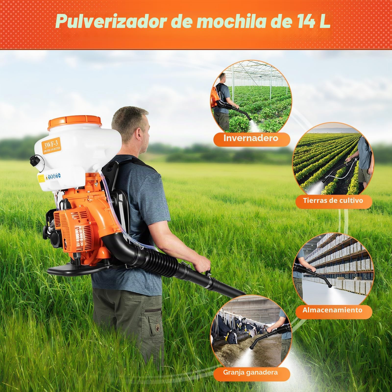 Motor de Pulverización de Gasolina para Espalmar en la Espalda 14L 2 Tiempos 2 13kW 2130W 7500 rpm 7500 U/min Alcance de Pulverización 12m Volumen de Pulverización 4L/min con Palanca de Control para