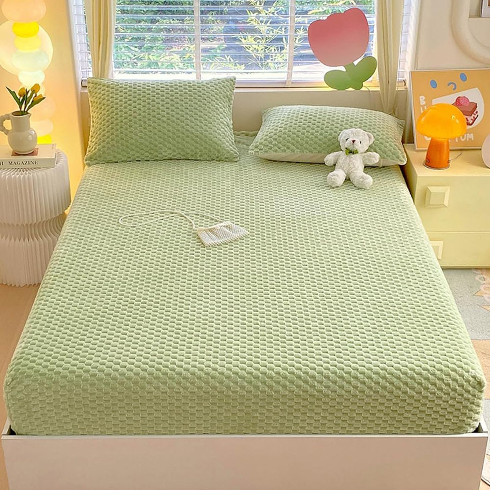 Milk Velvet Checkered Fitted Sheet Mattress Cover, Warm Thicken Mattress Protector Super Soft Bed Cover with Pillowcase Washable 15'' Deep Pocket Mattress Pad,E,Cal King: 200 * 220cm — image 1