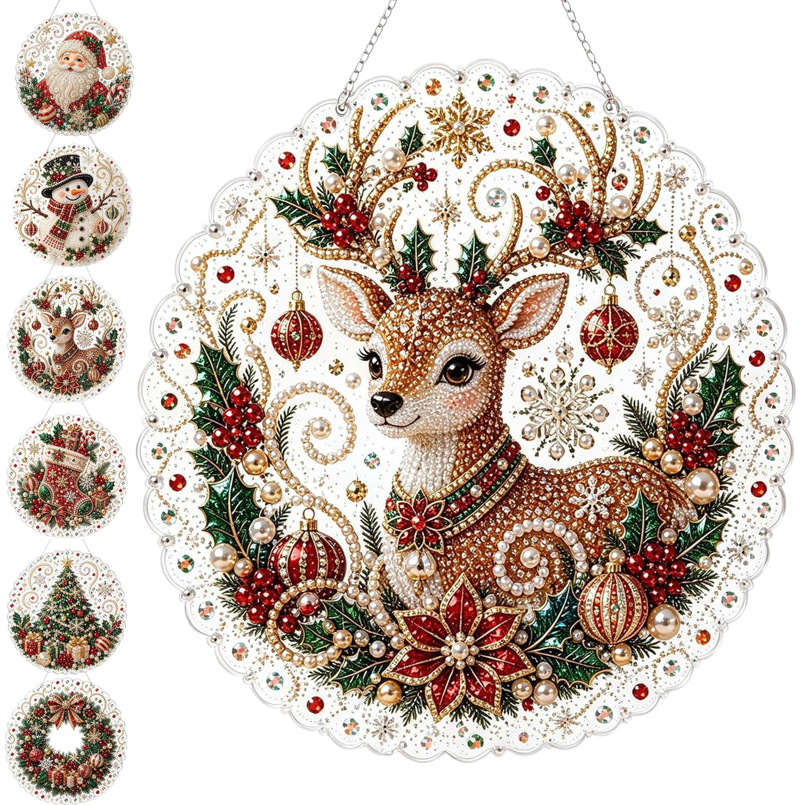 Christmas Pearl Diamond Painting Suncatcher Kit – DIY Pearl Art Kits for Adults, 5D Round Drill Holiday Window Decor, Relaxing Creative Craft Gift for Beginners ，Reindeer