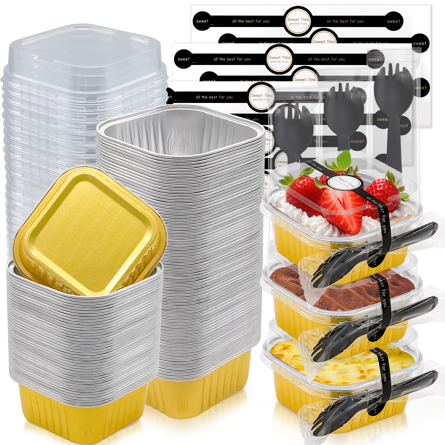 YuleNova 100PCS Mini Loaf Pans, 150ml Square Aluminum Foil Baking Pans with Lids Spoons and Stickers, Mini Loaf Pans for Dessert Bread Wedding Picnic Birthday Party, Gold