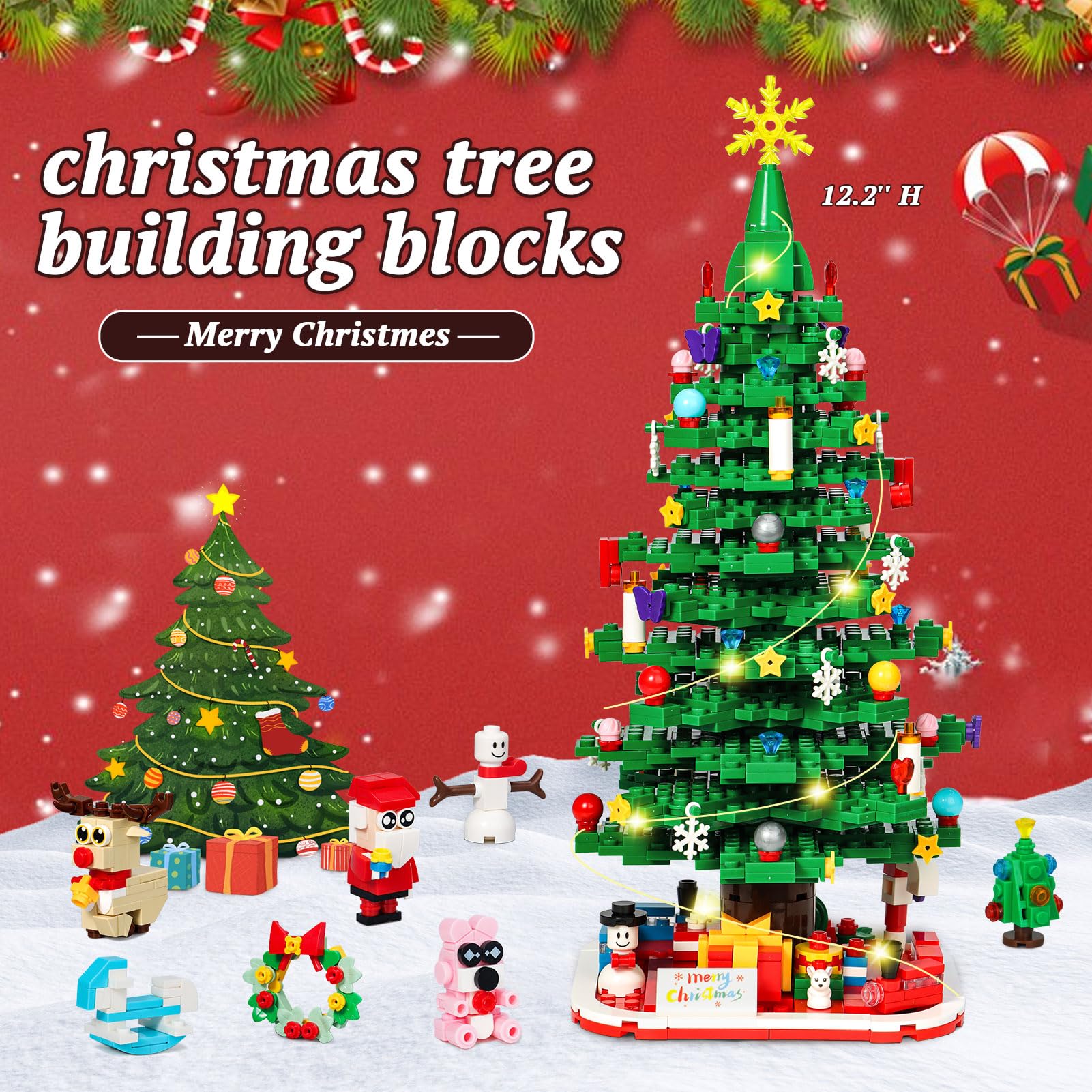 Advent Calendar 2024 Christmas Tree Building Set with LED Lights, 24 Days Christmas Countdown Calendar Toy Building Blocks Kit for Adult Teens Boys Kids 6+ (1025 Pieces)