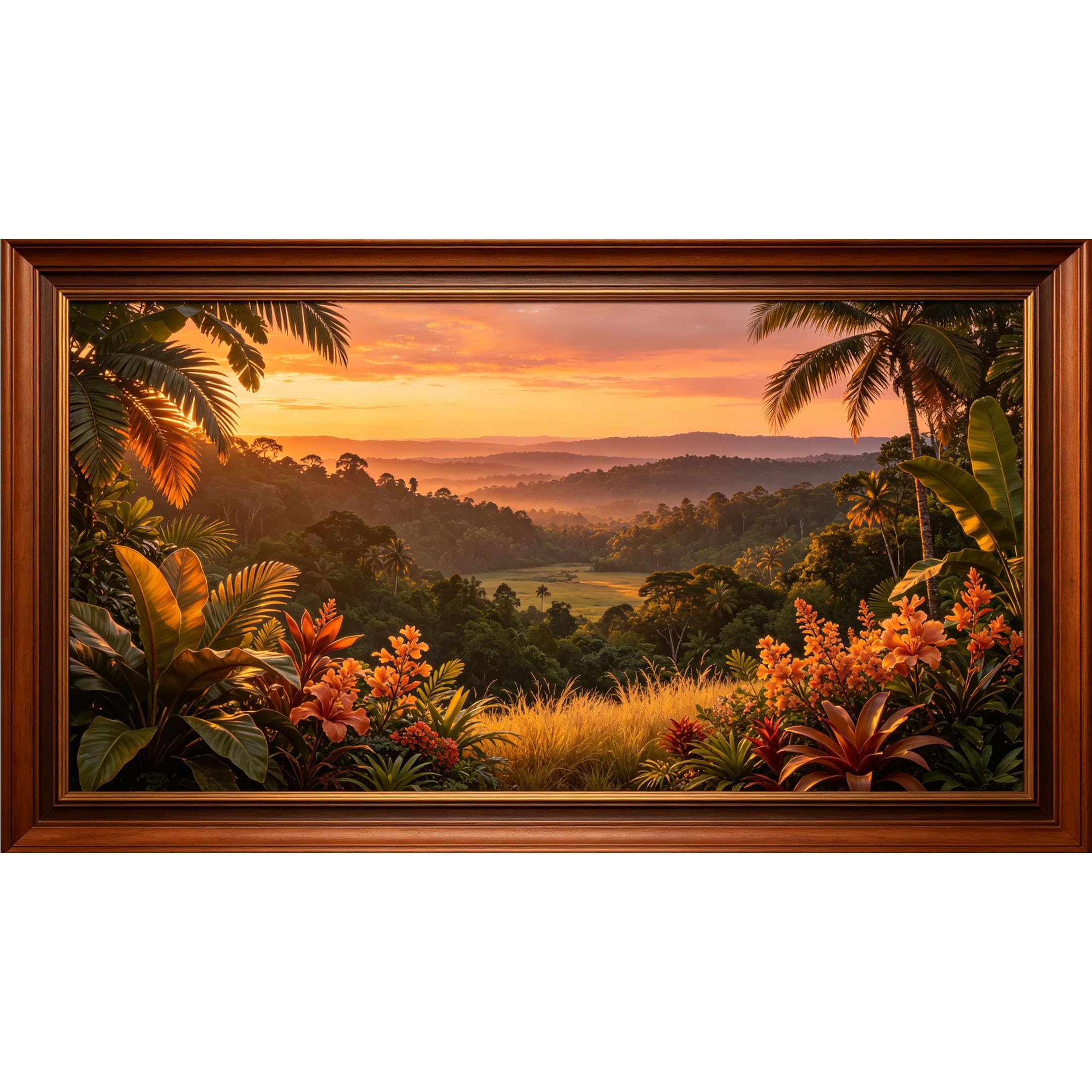 QZLITHOTIC 50×100cm 3D Framed Wall Art， Tropical Sunset Landscape Jungle Flora Self?Adhesive Mural， Water?Activated Peel & Stick Fabric Decor Wall Decal for Bedroom Living Room