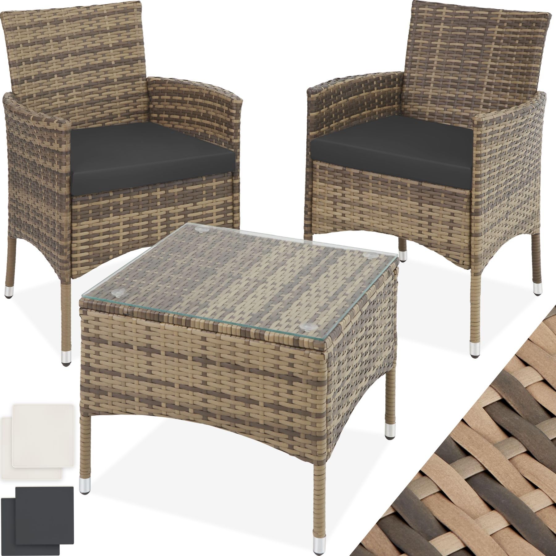 TecTake® Conjunto Jardín Exterior de Ratán y Acero para 2 Personas, Muebles Jardín Exterior Resistentes a Intemperie, 2 Sillones y 1 Mesa Cristal, Fácil Montaje y Limpieza, Incl. 4 Fundas - Natural