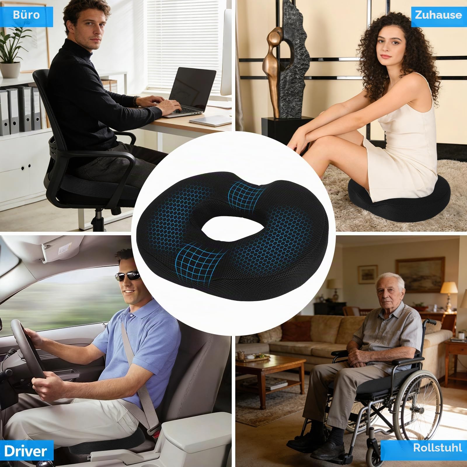 Sitzkissen Orthopädisch, Hämorrhoiden Sitzkissen, Donut Kissen für Ischias, Postnatal, Steißbein, Memory Foam Steißbeinkissen für Auto, Sofa, Büro, Rollstuhl, Sitzring Steißbein Entlastung, Schwarz