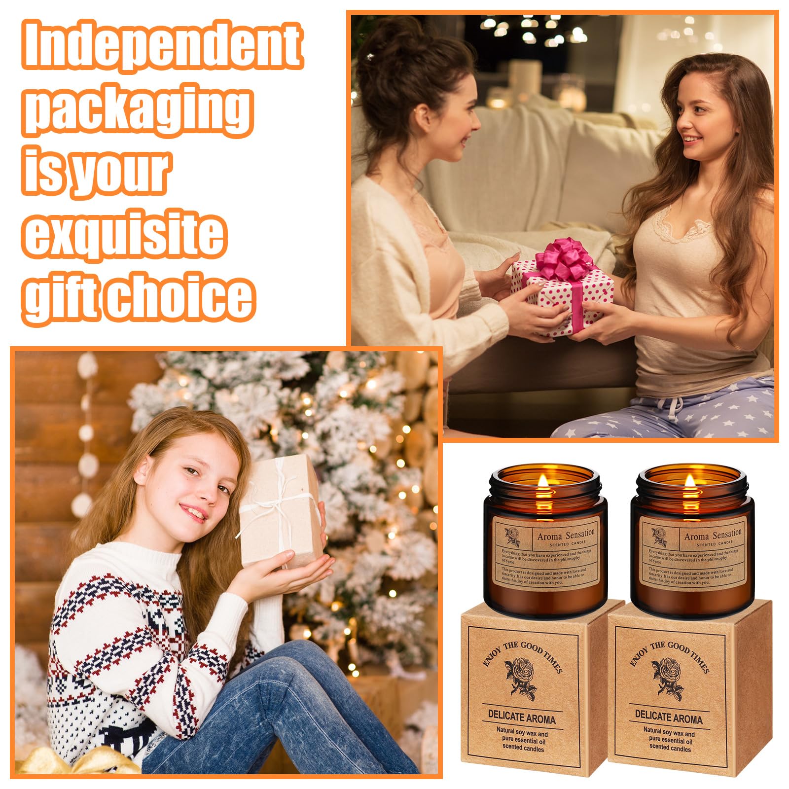 Landhoow Duftkerzen, Aromatherapie-Kerzen, Geschenk-Set für Damen, Sojawachskerzen, langlebig, inspirierende Kerzen für Lehrer, Geburtstag, Jahrestag, 60 Stück (frisch, bernsteinfarben)