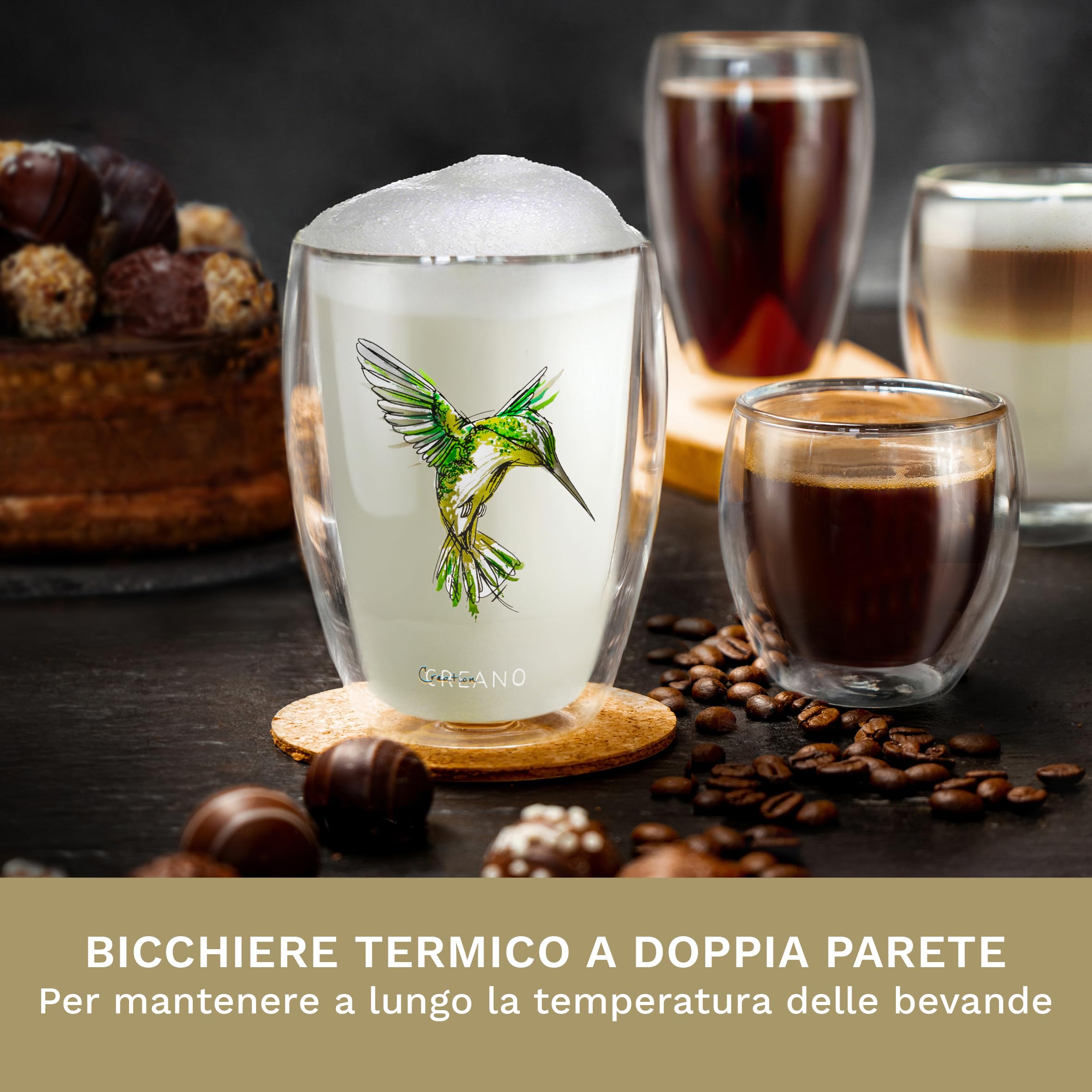 Creano 6 Bicchieri Termici Doppia Parete 250ml Colibrì - Bicchieri Vetro Borosilicato Stampa Uccello blu rosso verde arancione viola giallo – Tazza Termica Latte Macchiato Ideale Regalo - 6x 250ml