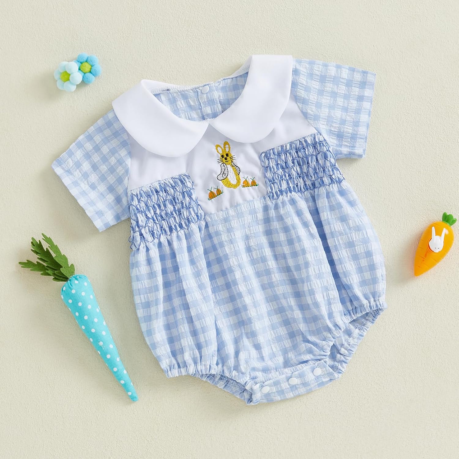 Bagilaanoe Infant Baby Boy Girl Easter Outfit Clothes Bunny Plaid Short Sleeve Romper Jumpsuit Bodysuit - Image 6