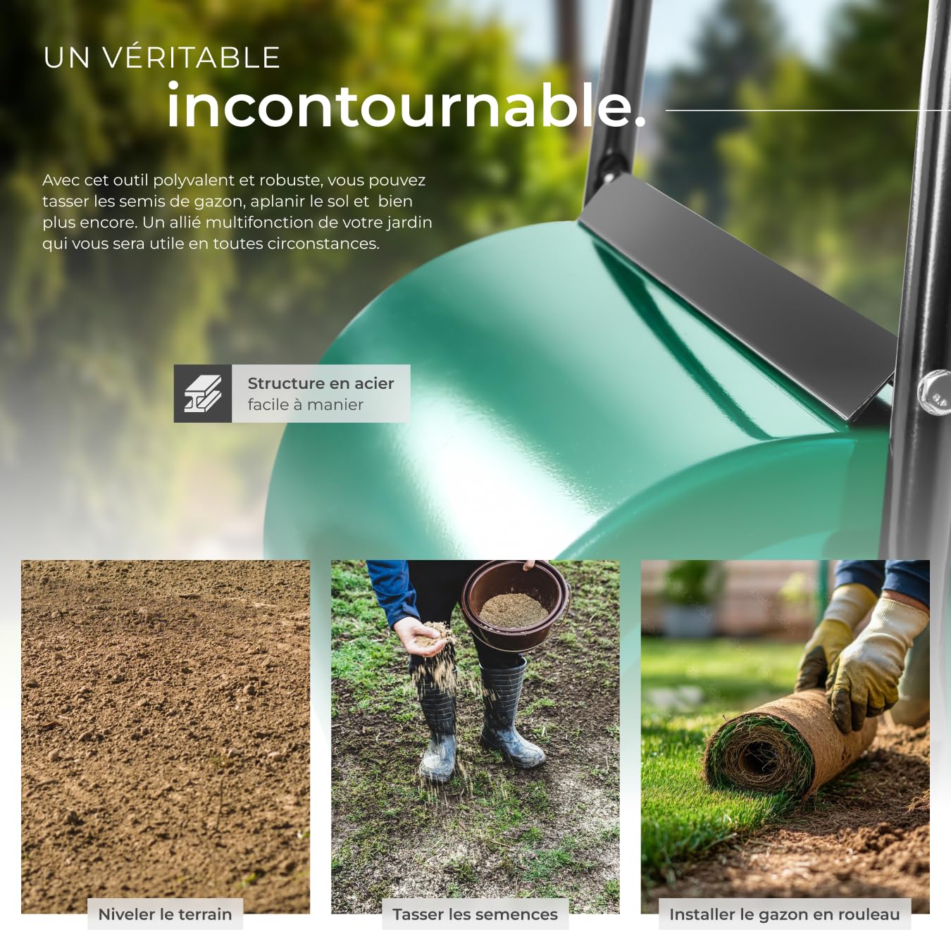 tectake® Rouleau à Gazon Rouleau de Jardin, Tambour 60 cm Équipé d'un racleur Lestage Eau ou Sable, Entretien Pelouse, pour Semis et Graines, Outil de Jardinage, Jardin, Aide la Pousse du Gazon