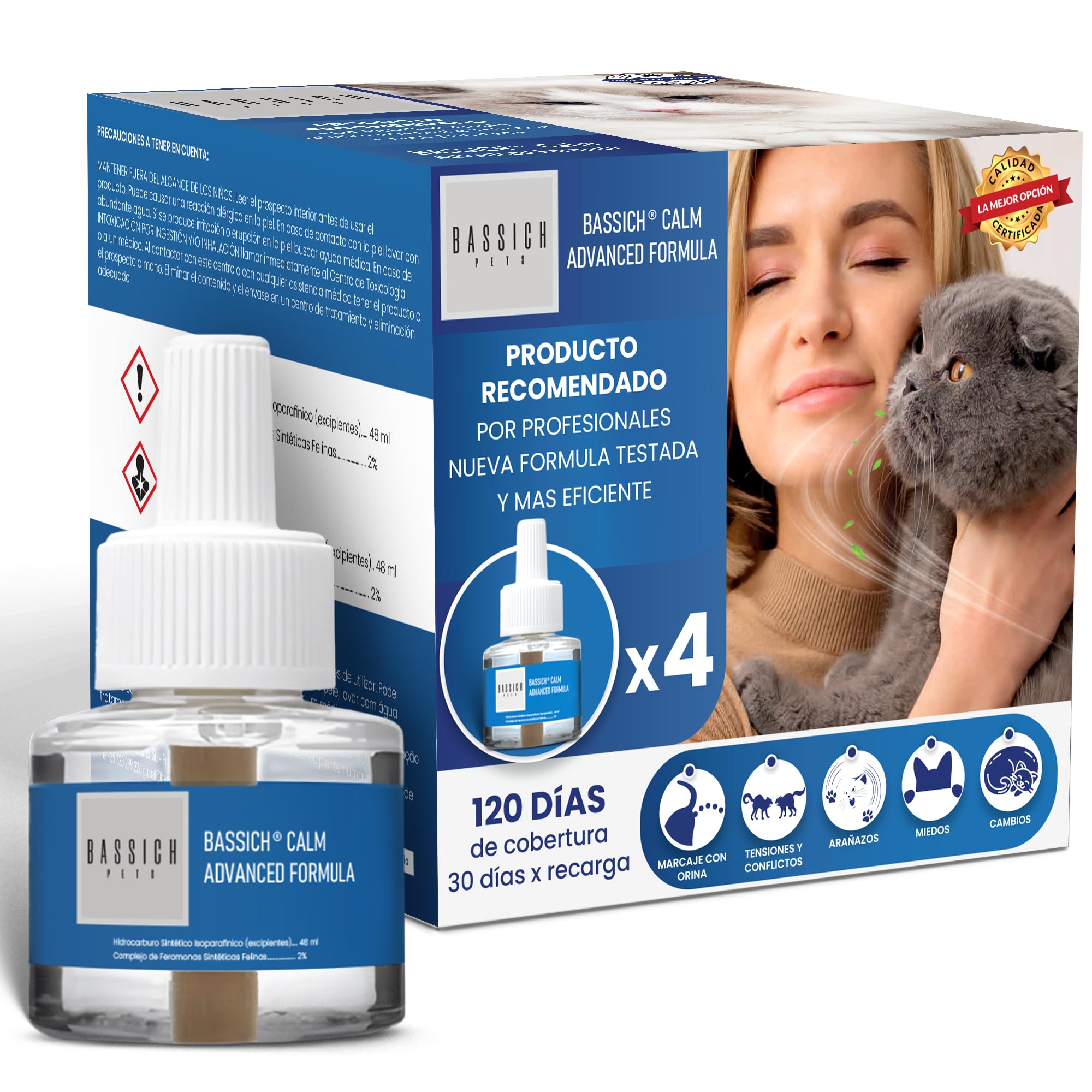 Calm Advanced Formula – 4 Recambios Feromonas Gato 48 ml – Calmante Antiestrés para Gatos – Reduce Marcaje con Orina, Arañazos, Miedos y Conflictos – 120 Días