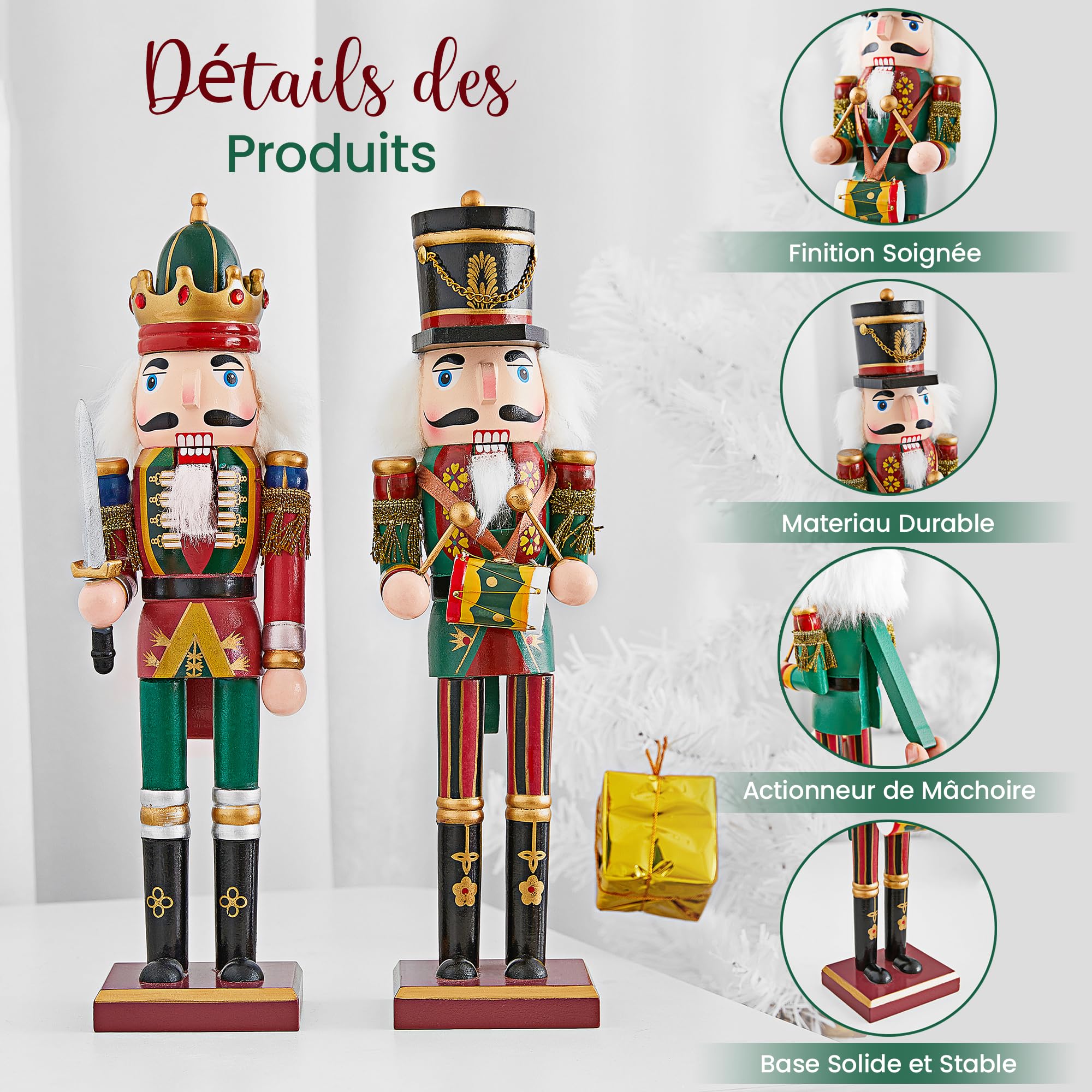 Soldat Casse-Noisette Décoration Noël Traditionnel - 2 Figurines Casse-Noisette Noël en Bois, 30 cm pour déco de Table, Pied de Sapin, crèche, cheminée, Nutcracker Christmas