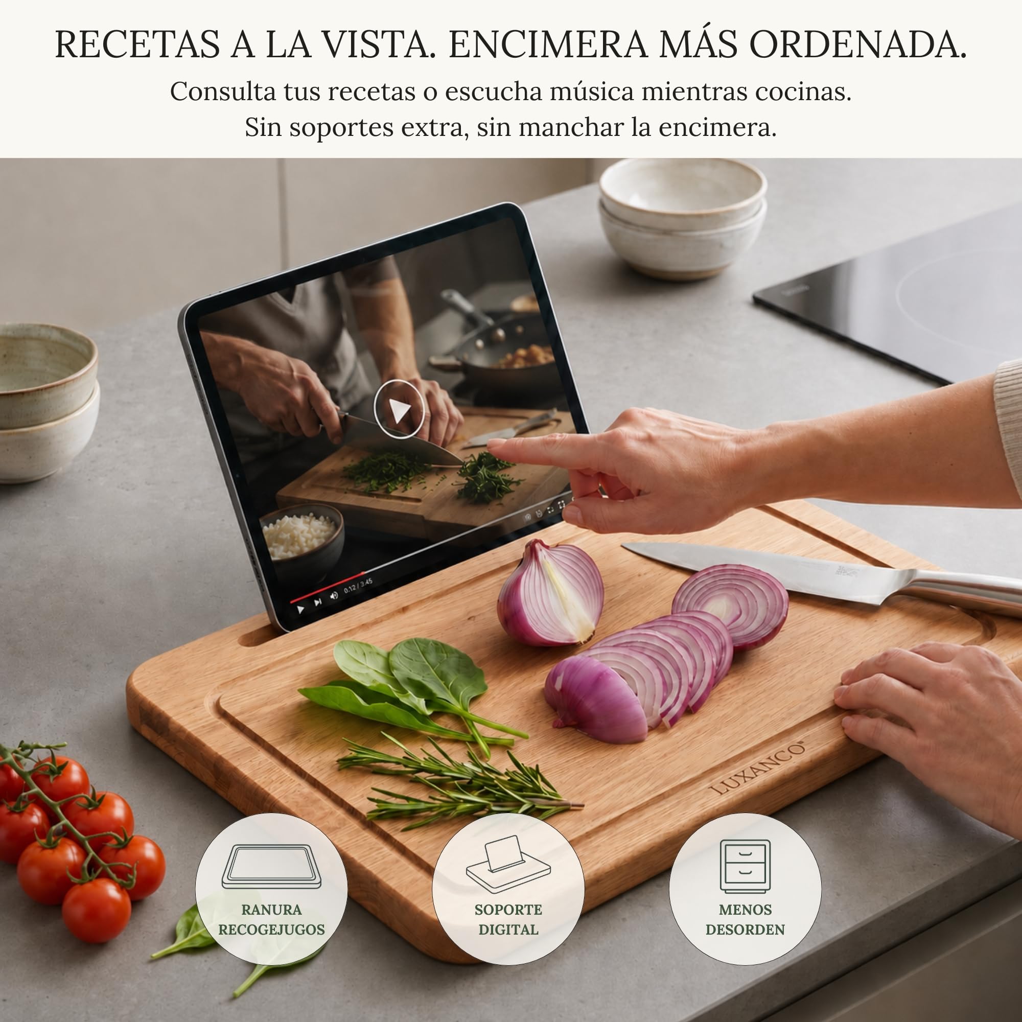 Tabla De Cortar Madera Roble Macizo Profesional 42x30cm Soporte Tablet Integrado Tabla Cocina Grande Reversible Bandeja Servir Quesos Embutidos Cutting Board Wood Antibacteriana FSC