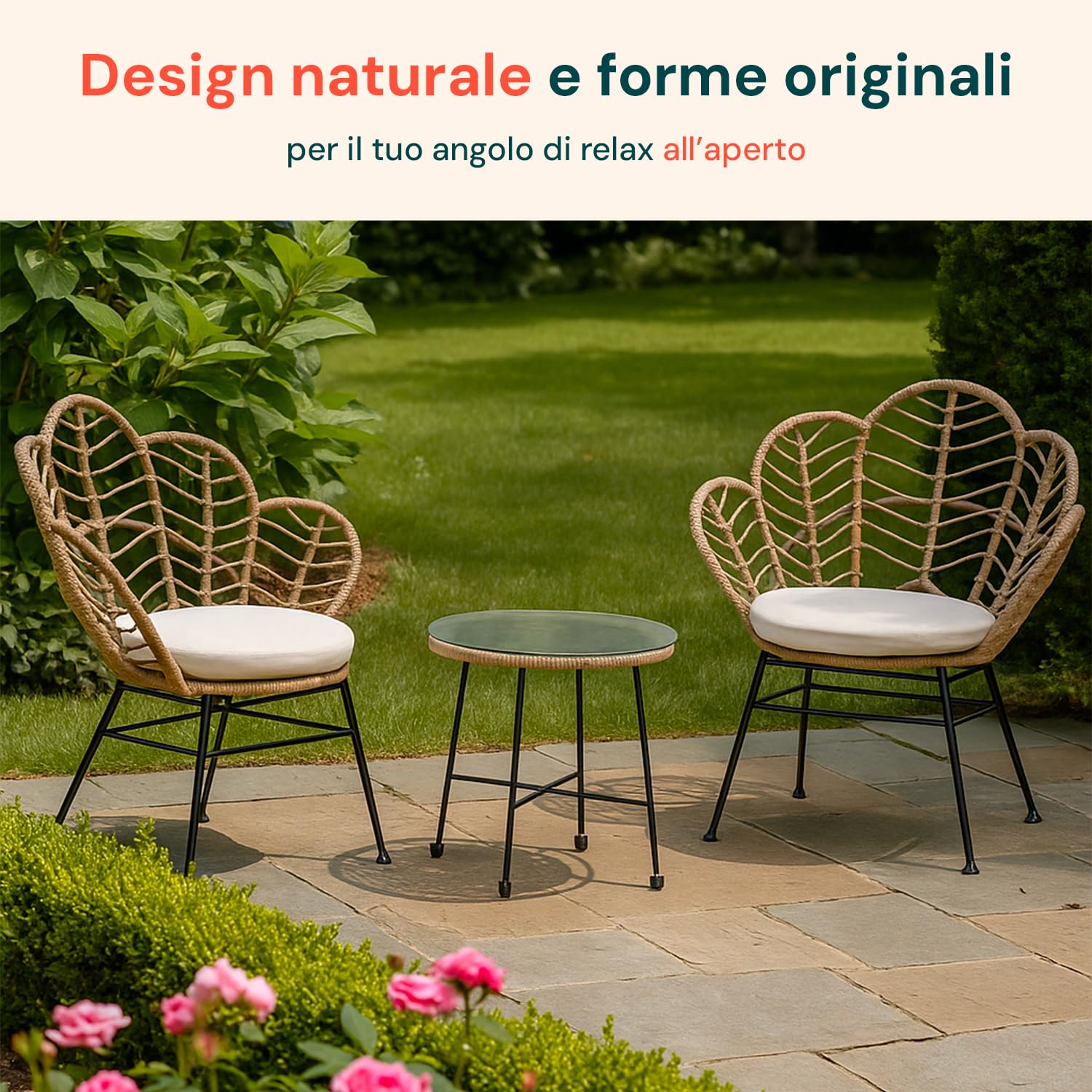 Juego de Mesa y sillas de Exterior de ratán sintético Natural con Estructura de Acero y Mesa con Cristal Templado, Juego de jardín Exterior para balcón, terraza o Patio