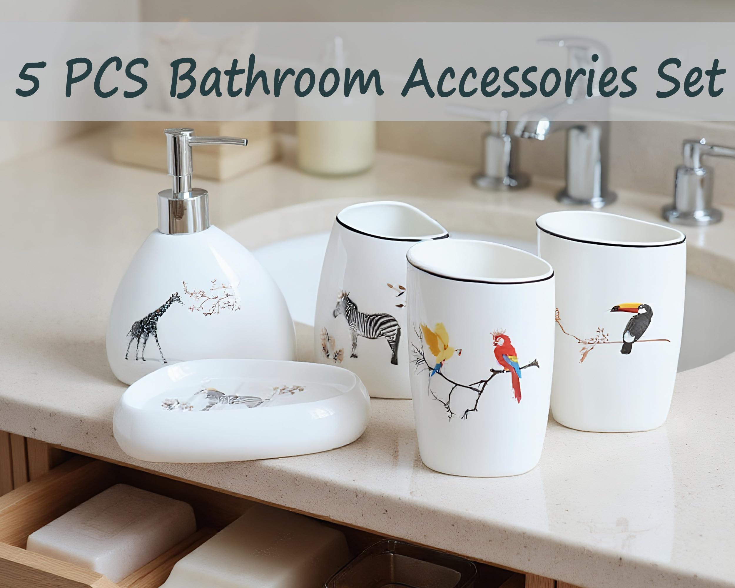 Juego de accesorios de baño de cerámica de 5 piezas con patrón de animales, incluye dispensador de jabón, soporte para cepillo de dientes, jabonera y 2 tazas de enjuague bucal, decoración