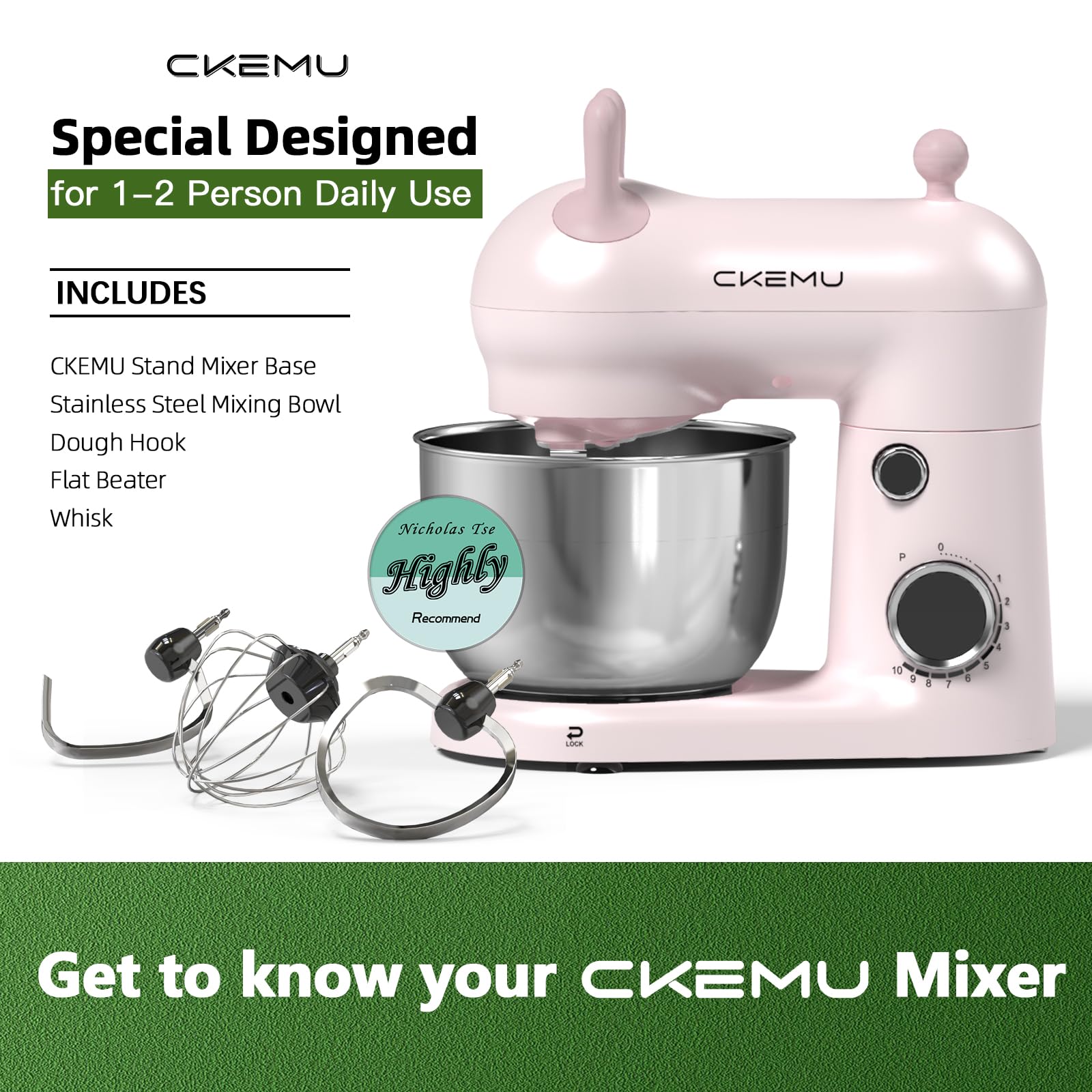 CKEMU Stand Mixer, Compact & Space-Saving, Stainless Steel Bowl, Unique & Playful Design, Effcient 300W Motor, Dishwasher-Safe Attachments, SM-2549A (Pink) view 2