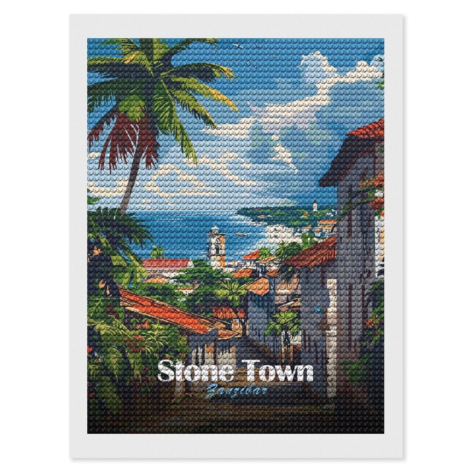Junmoney Stone Town Zanzibar Diamond Painting Kit 12"x16", Easy Handmade Project, Cosy Home Accent, for Craft Lovers, Holiday Gift Idea