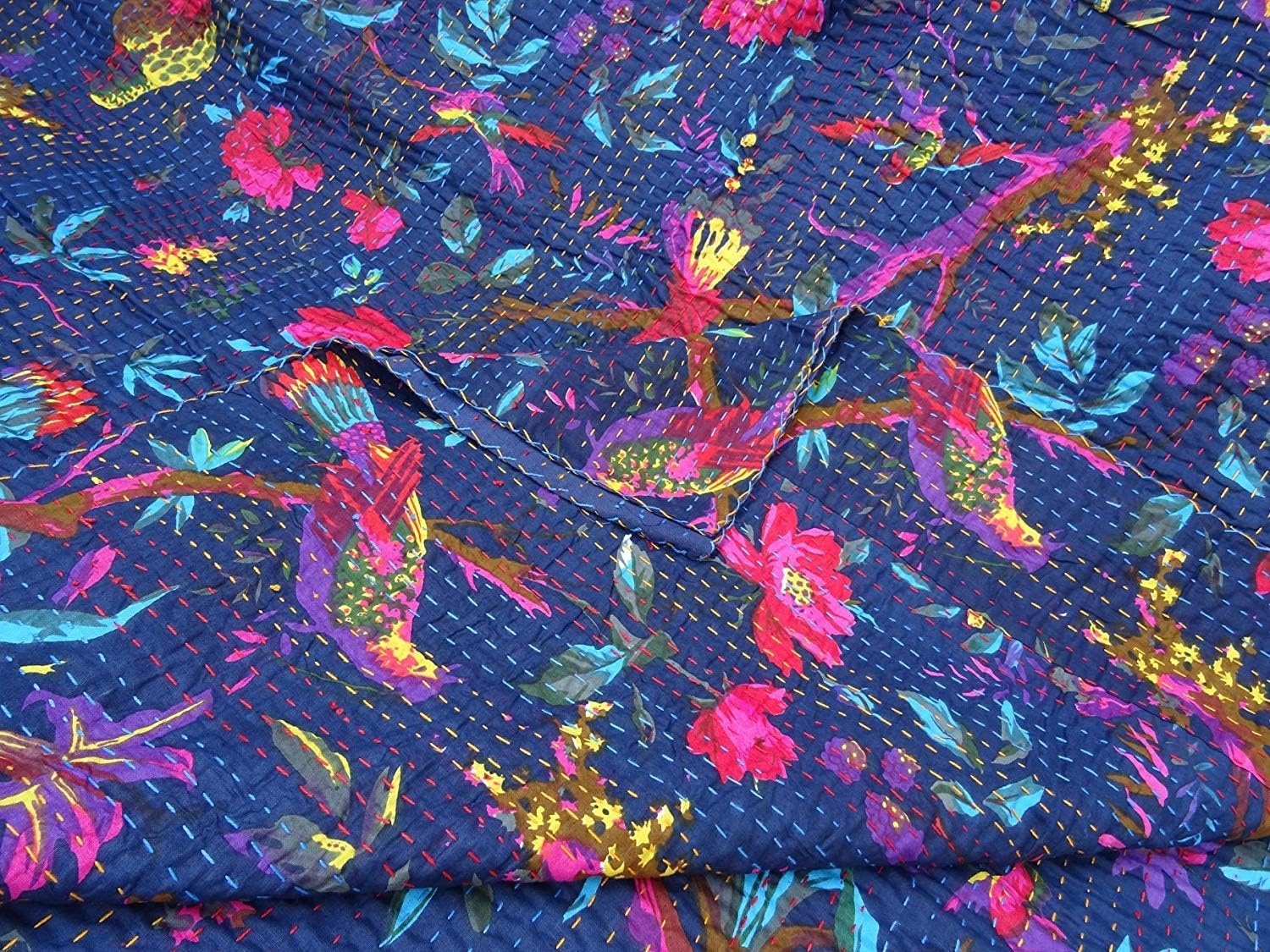 Bird Print King Size Kantha Quilt Wage Kantha Blanket, Bed Cover, King Kantha Bedspread, Bohemian Bedding Kantha Size 90 Inch X 108 Inch