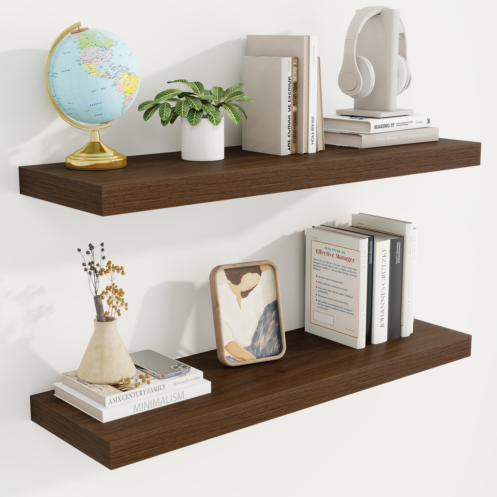 Acovy 80cm Floating Shelves, 23.5cm Deep Floating Shelf Wall Mounted, 80cm Wall Shelves, Rustic Deep Bookshelf, Large Display Shelves & Storage Shelves for Bedroom, Living Room, Walnut, Set of 2 โ image 1