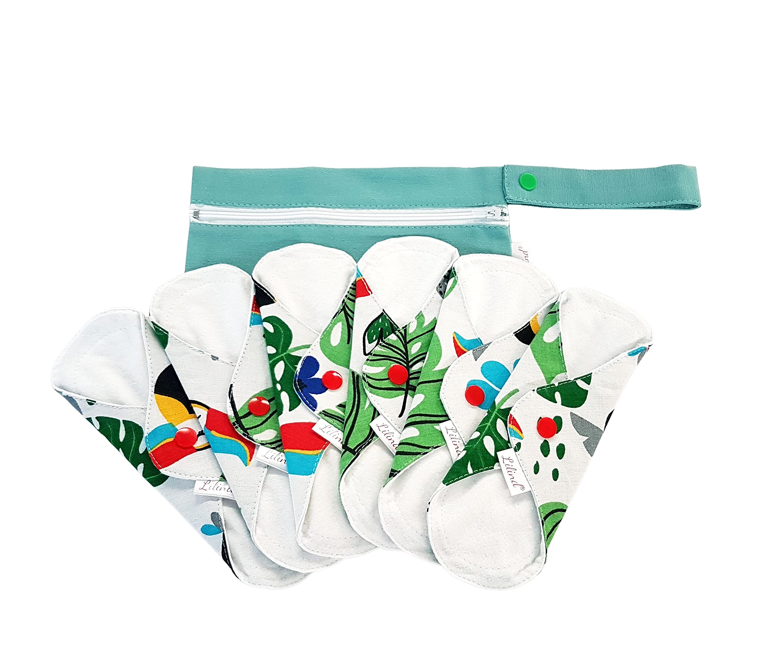 Lilind® Paquete de 6 almohadillas de tela orgánicas de 24 cm regulares reutilizables menstruales sanitarias juego completo cero residuos 100% algodón, loros