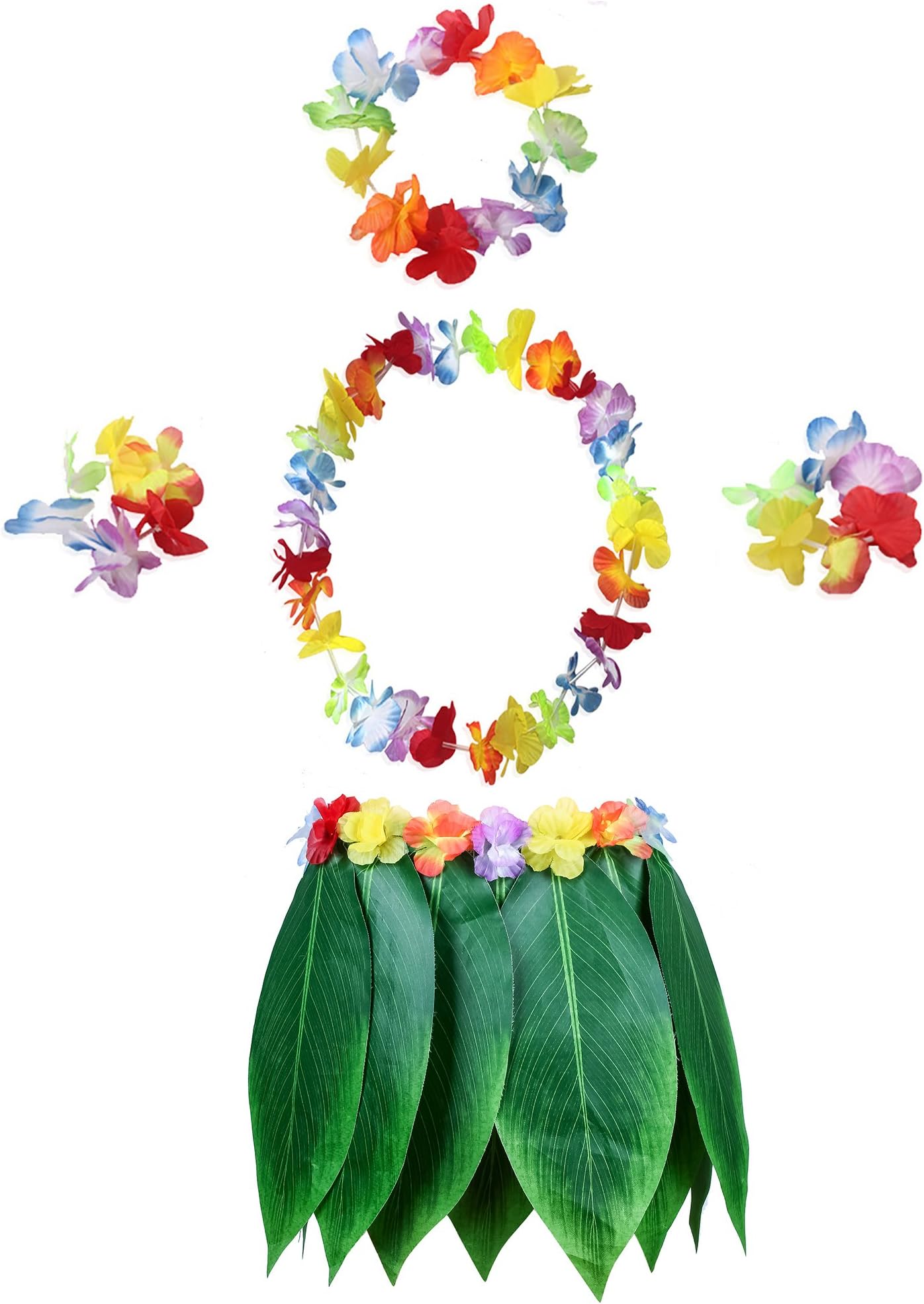 KEFAN Leaf Hula Skirt and Hawaiian Leis Set Grass Skirt with Artificial Hibiscus Flowers for Hula Costume and Beach Party (Skirt + Leis 02)