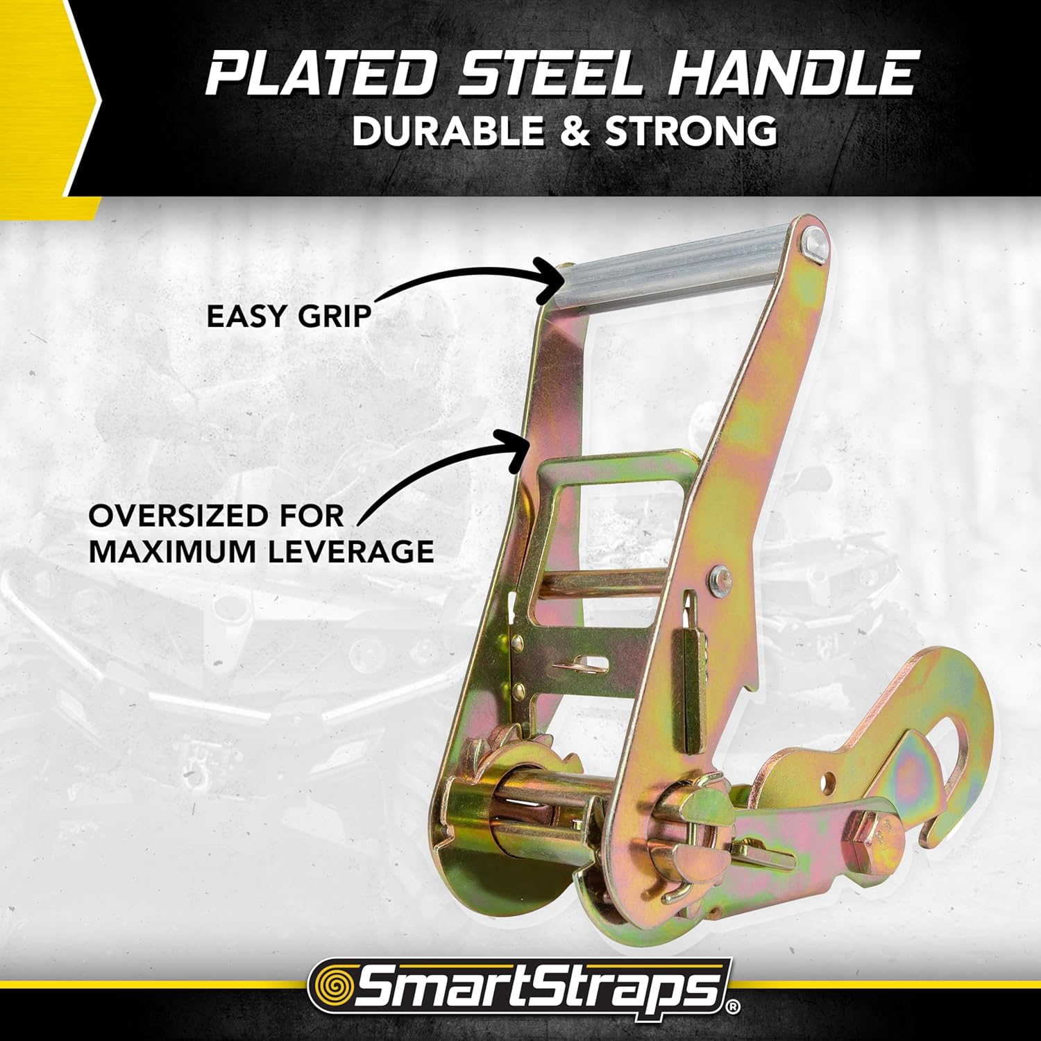 SmartStraps Tire Bonnet Ratchet Straps — Commercial Duty Tire Bonnet Tie Down with Ratchet — 10,000lb Break Strength, 3,333lb Safe Load — Haul Equipment, Tractors and Vehicles, Small, Yellow, 1 Pack