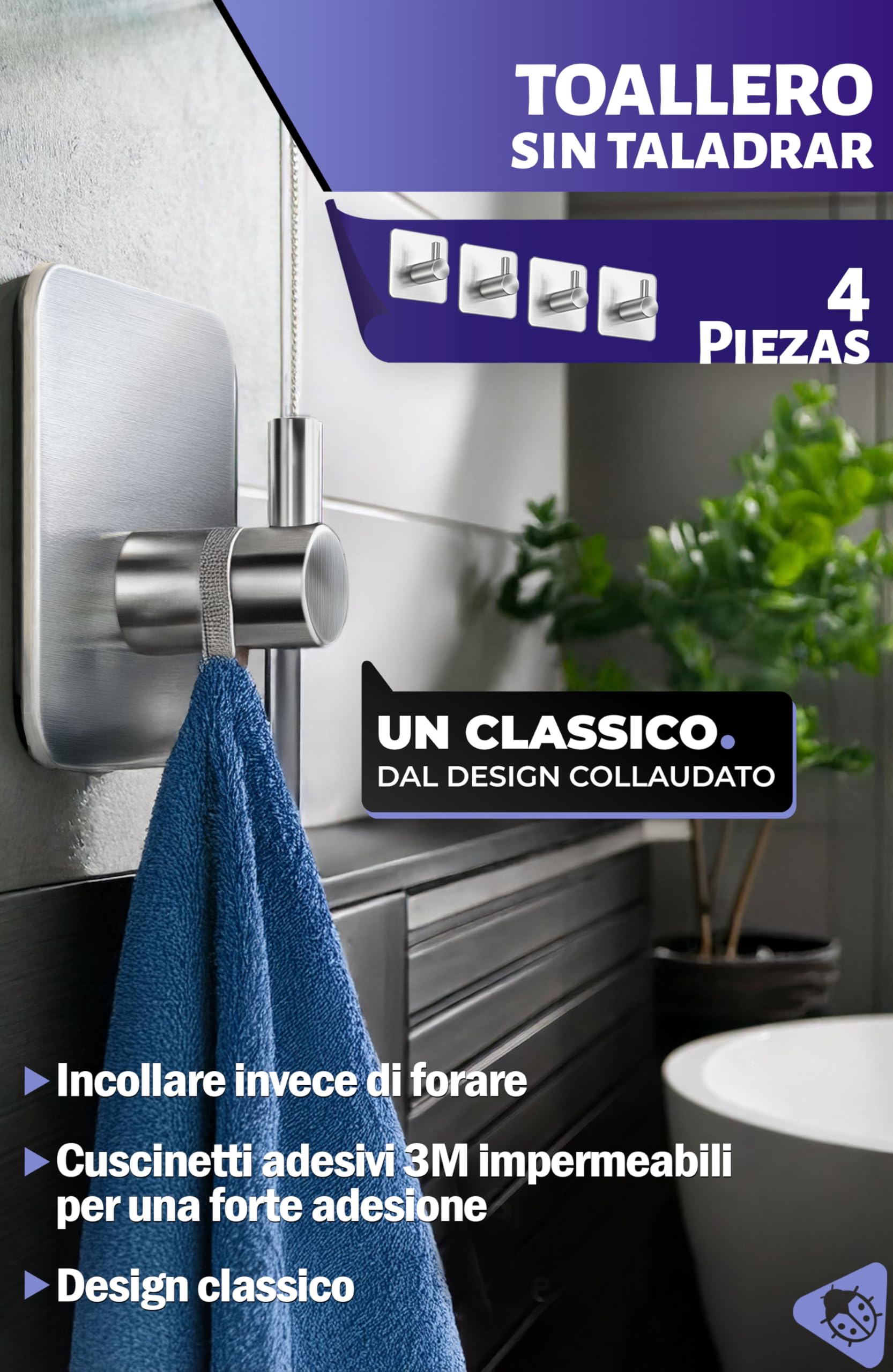 Menz Ganci Adesivi Bagno, Set di 4 - Adesivi Acciaio Inox di Alta Qualità, Appendi Porta Asciugamani Robusti, Appendi Accappatoio Bagno, Impermeabili per Cucina e Pareti, Argento