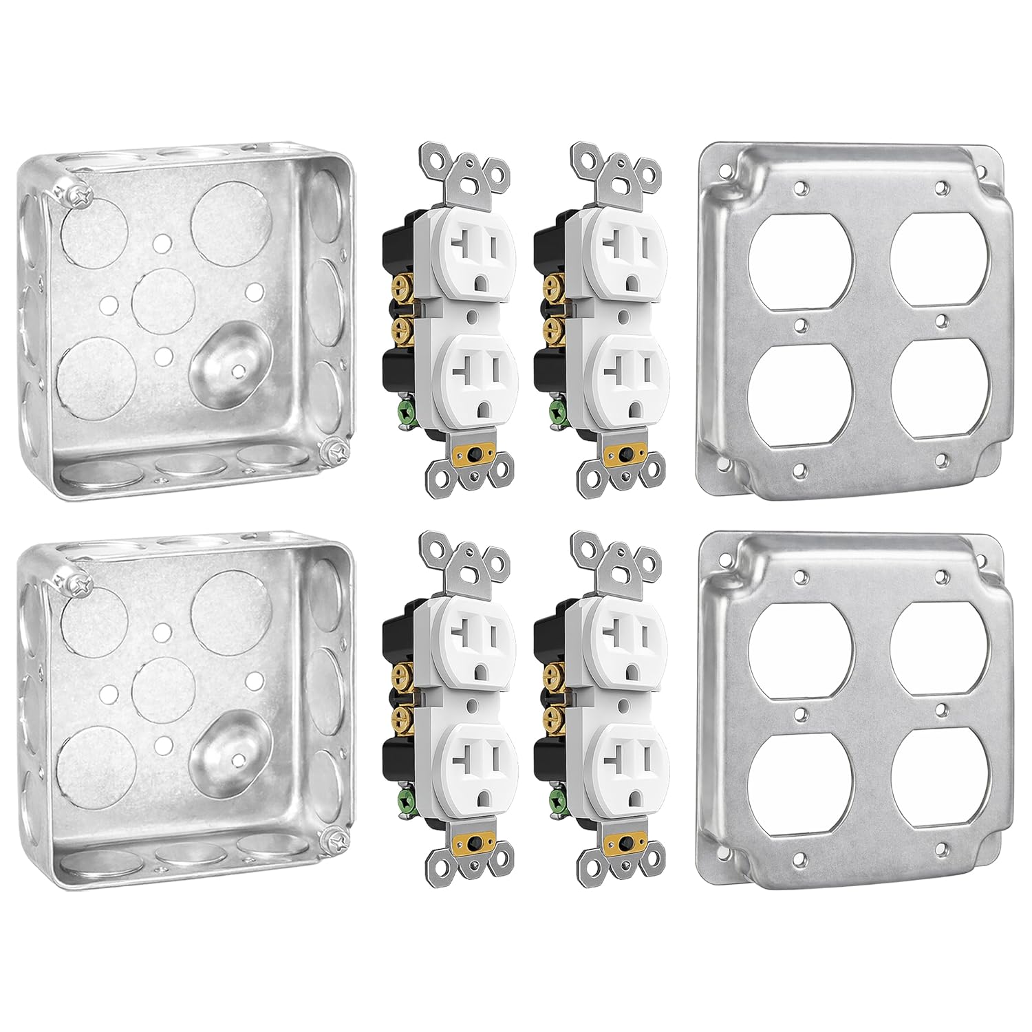 OHLECTRIC (8pc) Electrical Junction Box Kit w/ 20 Amp Duplex Receptacle Outlets & Covers (Set of 2) 2 4x4'' Metal Outlet Box, 4 Tamper Resistant Duplex Receptacle Outlets, Duplex Receptacle Cover