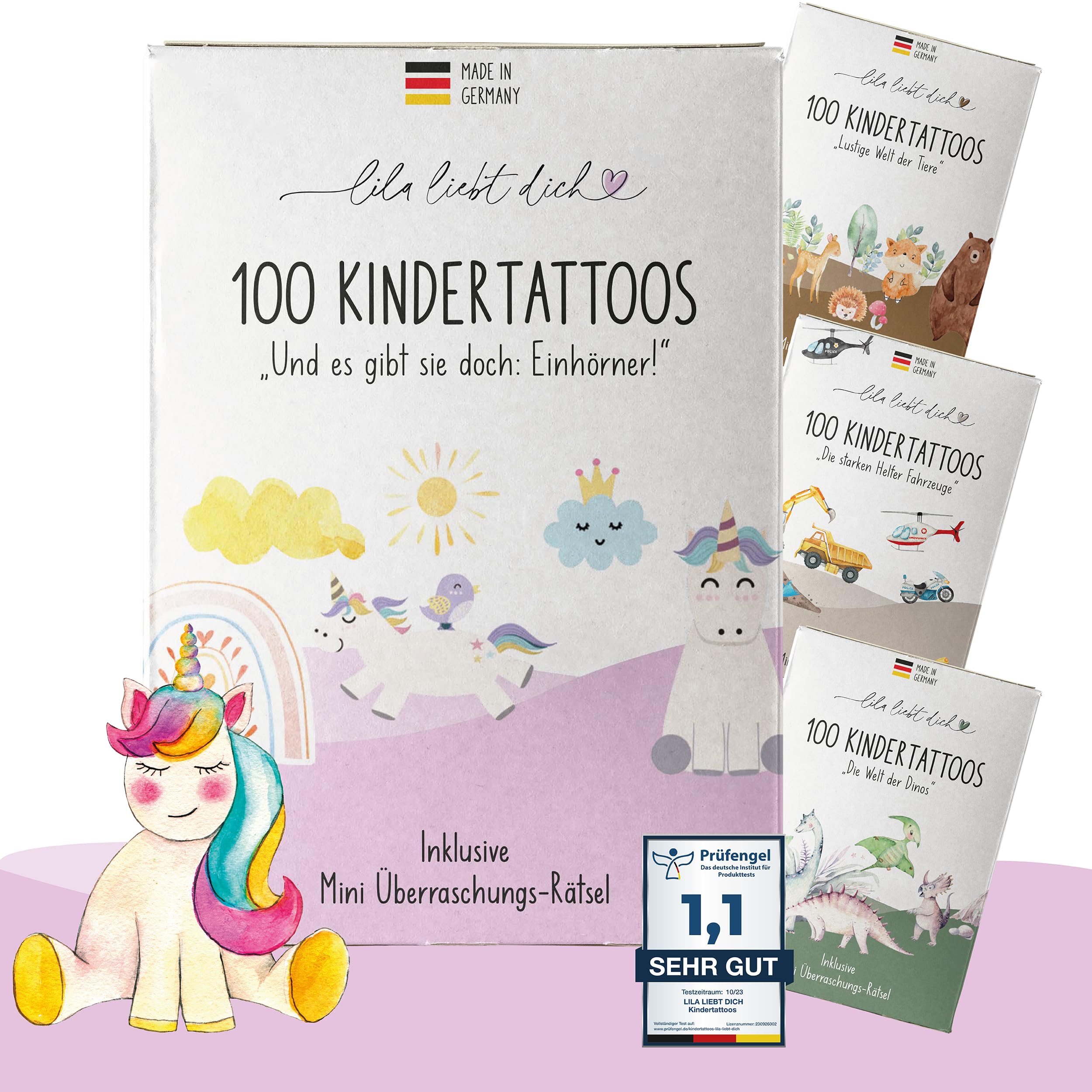 lila liebt dich® 100 angesagte Tattoo Kinder Motive mit Einhorn & Regenbogen // Kindertattoos hautfreundlich & getestet // Kinder Tattoo Mädchen Made in Germany // Einhorn Tattoos Mädchen Set