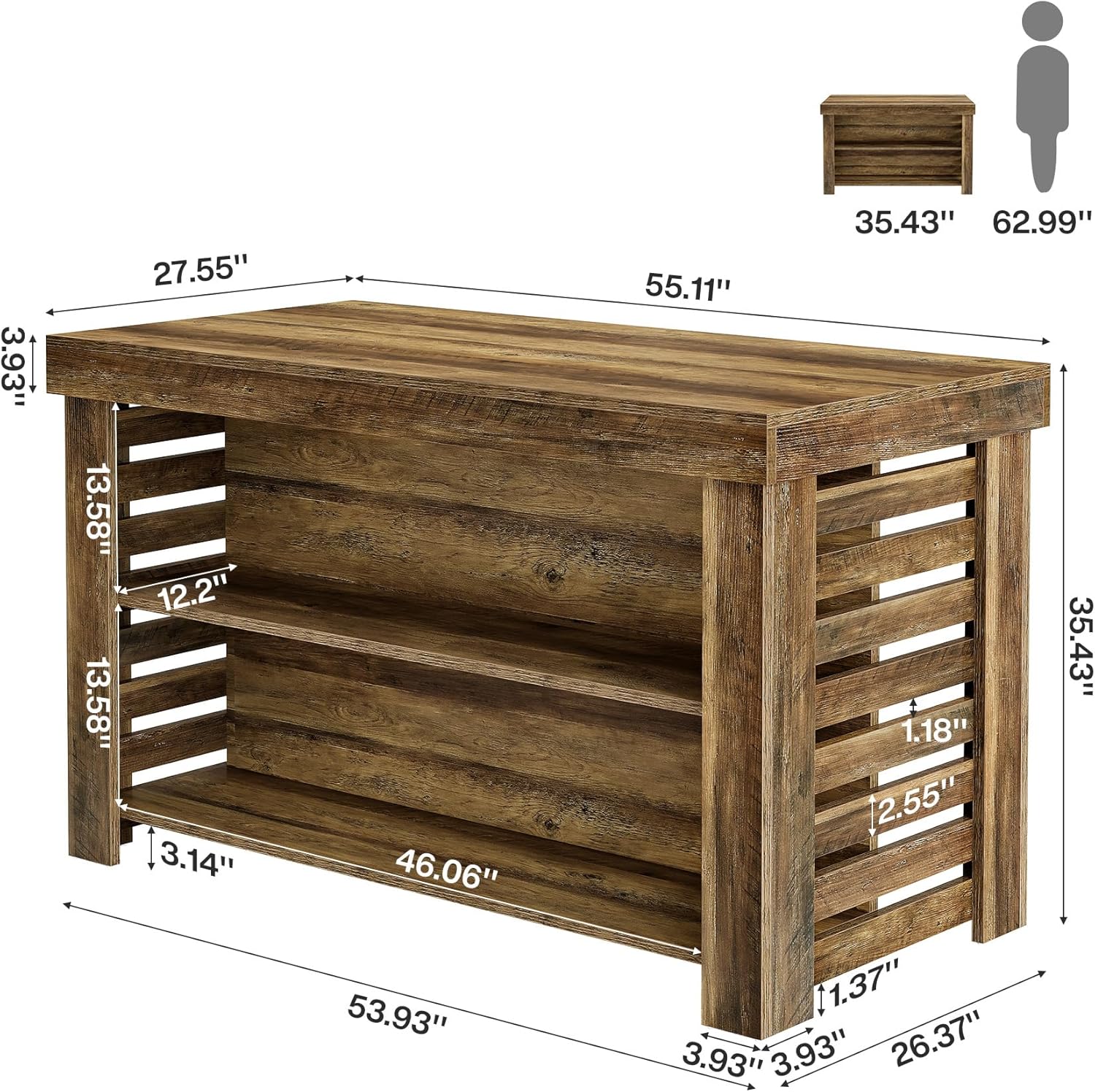 Tribesigns 55" Kitchen Island with Seating and Storage, 3-Tier Farmhouse Wood Stationary Island Table with Large Work Surface & Leg Room, Coffee Bar Table with Storage Shelves for Kitchen, Dark Brown