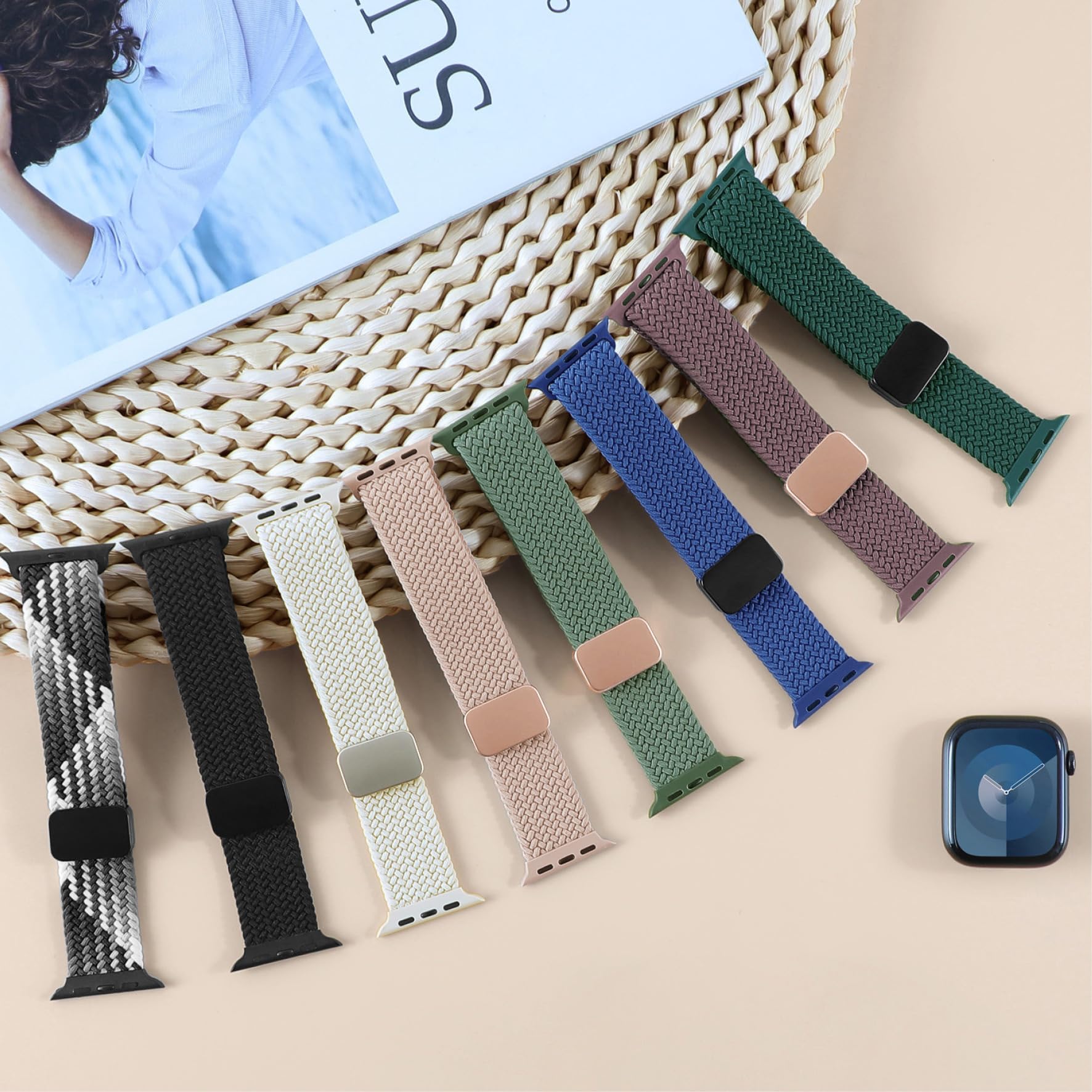 Magnetic Braided Stretchy Loop - Compatible with Apple Watch Band 40mm 41mm 44mm 45mm iWatch Bands Ultra/2 49mm 38mm 42mm Women Men,Elastic Woven Nylon Strap for Apple watch Series 9 8 7 6 5 4 3 2 SE