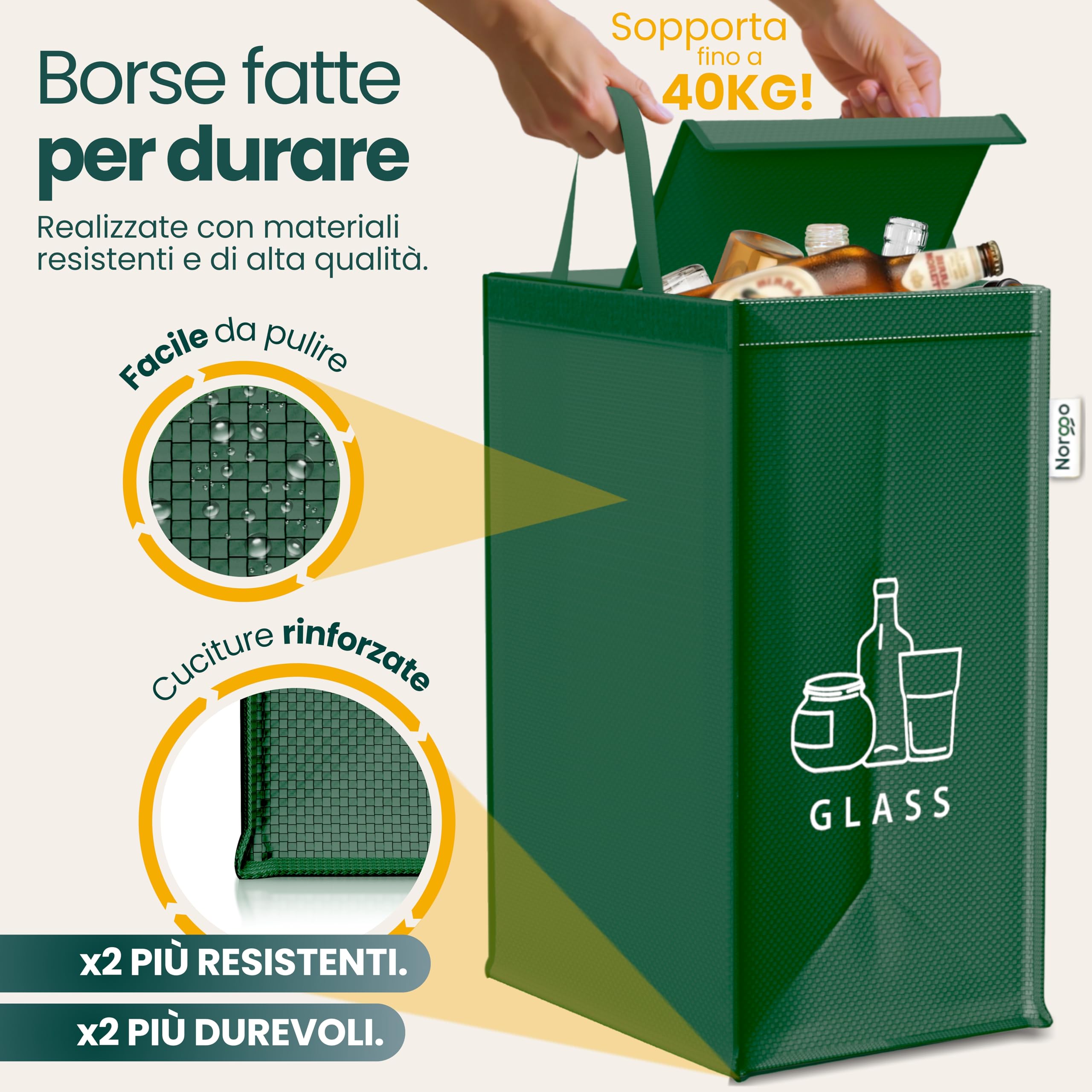 Borse per raccolta differenziata 40L – Set 3 buste raccolta differenziata per plastica, carta e vetro – Sacchi differenziata colorati con maniglia – Sacchetti e borse differenziata per casa