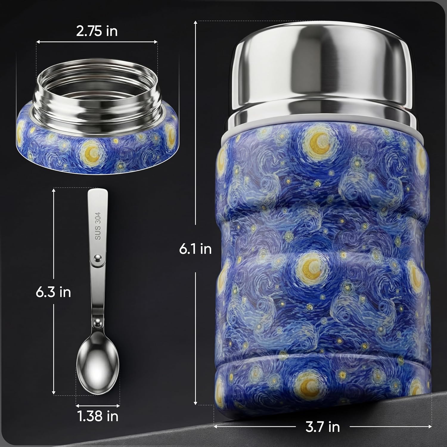 Earth&ME 17 OZ Soup Thermo for Hot & Cold Food for Kids, Vacuum Insulated Steel Lunch Container, Kids Wide Mouth Bento Thermal Food Jar, Warm Food Lunchbox Thermo Bowls with Spoon (Starry Night) - Image 4