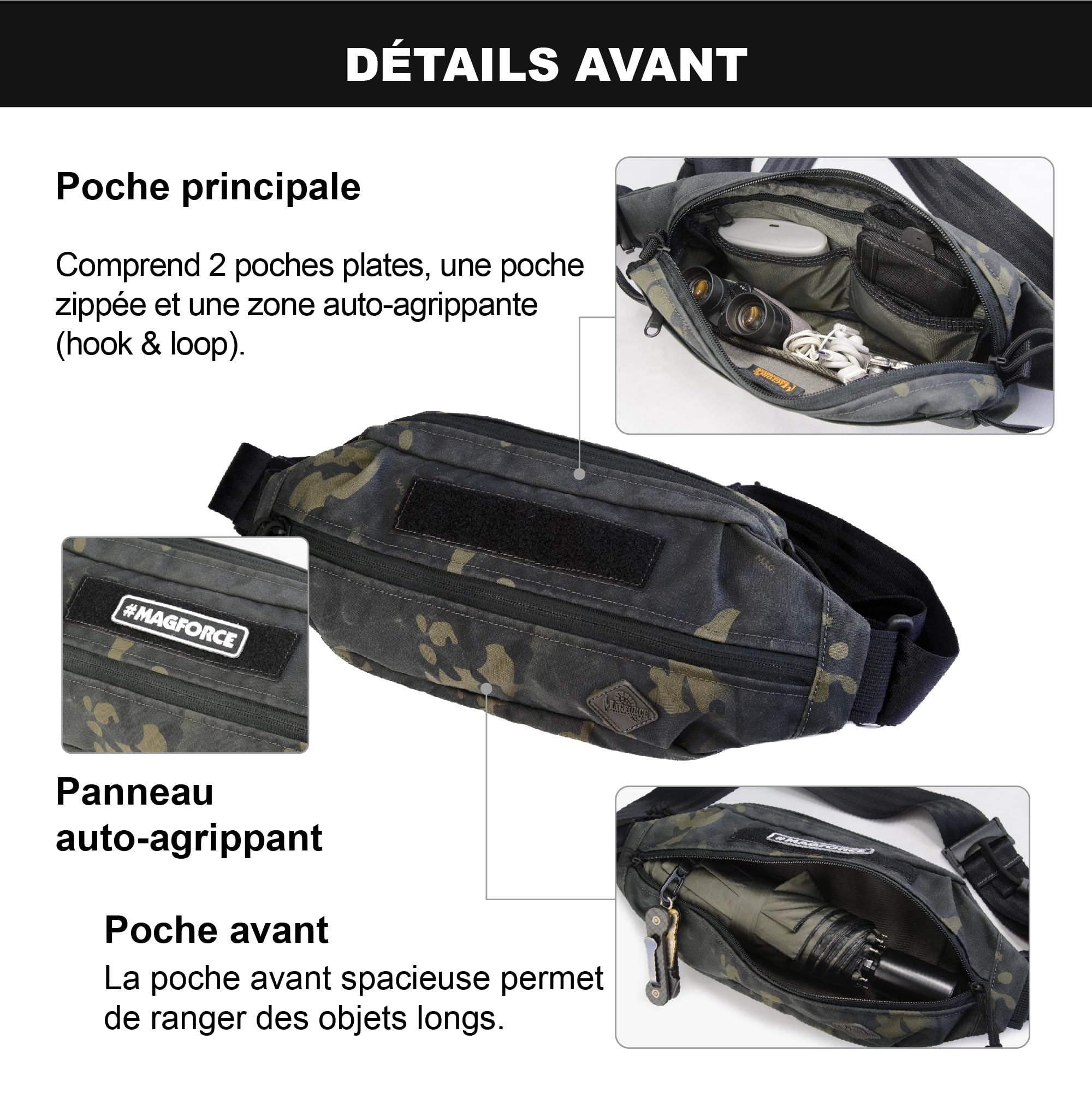 Magforce Sac Banane Tactique City Traveler pour Homme – Voyage et randonnée, léger, Grande capacité, Multiples Poches, Pochette Multifonction en Nylon avec Fermeture éclair, Camouflage Noir, Taille S