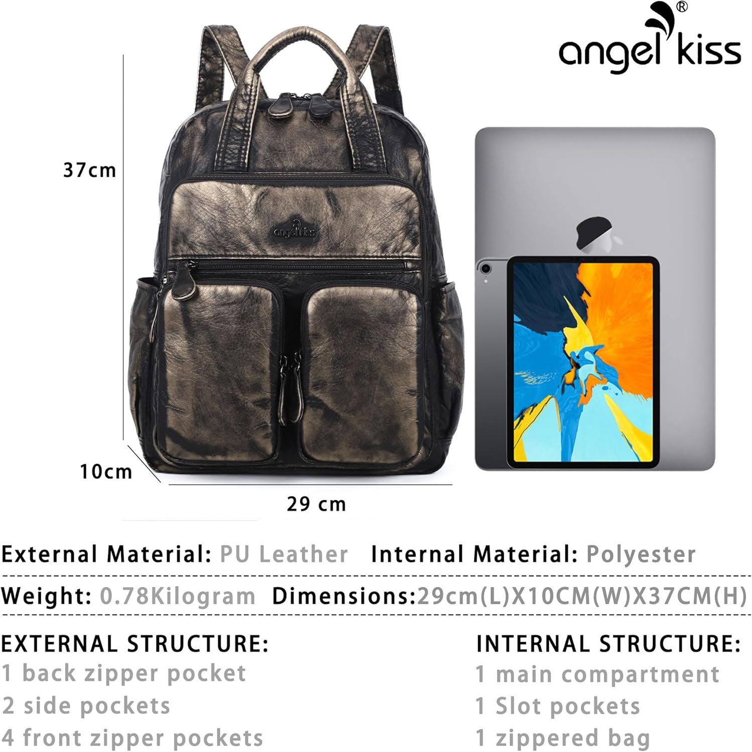 Angel Kiss Backpack Purse for Women Soft Washed Leather Multi Pocket Casual Travel Backpacks… - Image 3