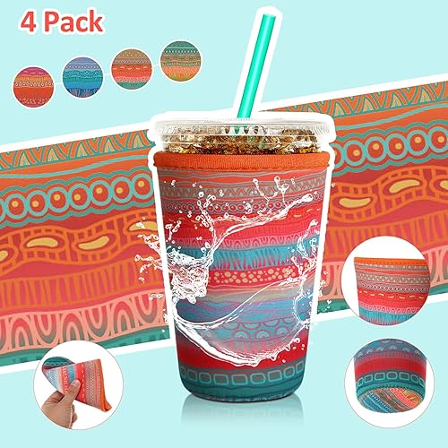Miniatura 4 de Patelai Funda aislante reutilizable para café helado, 4 piezas, para bebidas frías, bebidas y soporte para la mayoría de los cafés (22-24 onzas,