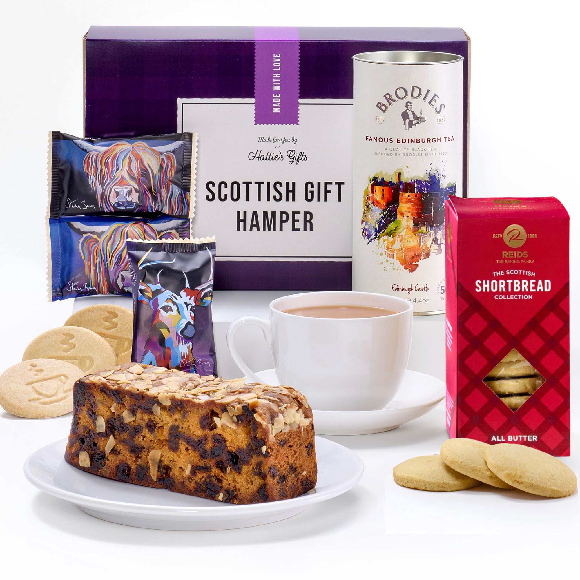 Hattie’s Gifts Scottish Food Gift Hamper - Afternoon Tea Set with Dundee Cake, Edinburgh Tea & Shortbread | Gourmet Treat Box for Women & Men - A Taste of Scotland