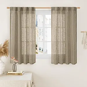 LAMIT 54 Inch Semi Sheer Window Linen Curtains, Light Filtering Panels Back Tab and Rod Pocket Country Decor Drapes for Bedroom/Farmhouse, Taupe, 2 Panels, 34 x 54 Inch