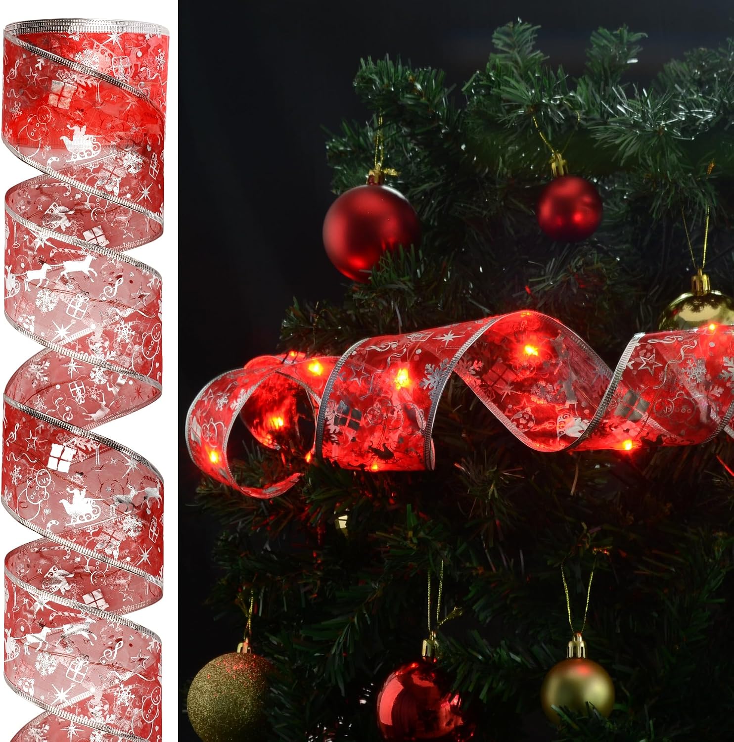 Vimorg Christmas Decorations, 2.5Inch x 33Ft 100 Led Christmas Tree Ribbon Lights with Remote Control, Battery Operated & USB Powered 8 Lighting Modes Fairy String Lights with Timer for Xmas Decor
