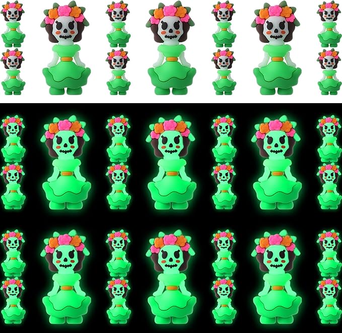 25 Pcs Mini Catrina Figures Bulk Small La Catrina Figurines Little Día De Muertos Figures Luminous Skeleton Skull Santa Muerte Statue for Party Gifts Decor Hide and Seek