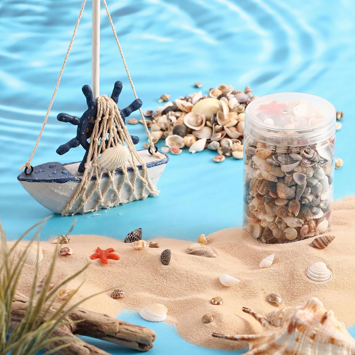 Fiwochic Natural 5.5 LB Sand and 1000 Pcs Tiny Sea Shells Mixed Ocean Beach Seashells Decorative Sand for DIY Craft Vase Filler Wedding Home Decor Beach Theme Party