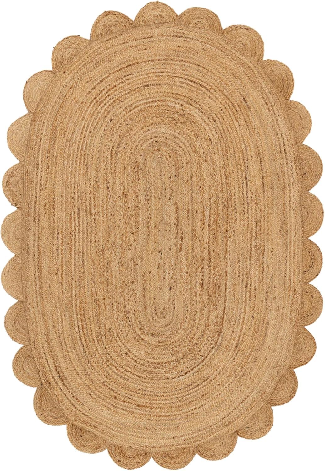 Tapis indien tressé à la main en jute naturelle tissée à la main, motif festonné, tapis bohème pour salle à manger, cuisine, couloir, chambre d'enfant (ovale, 60 x 90 cm)
