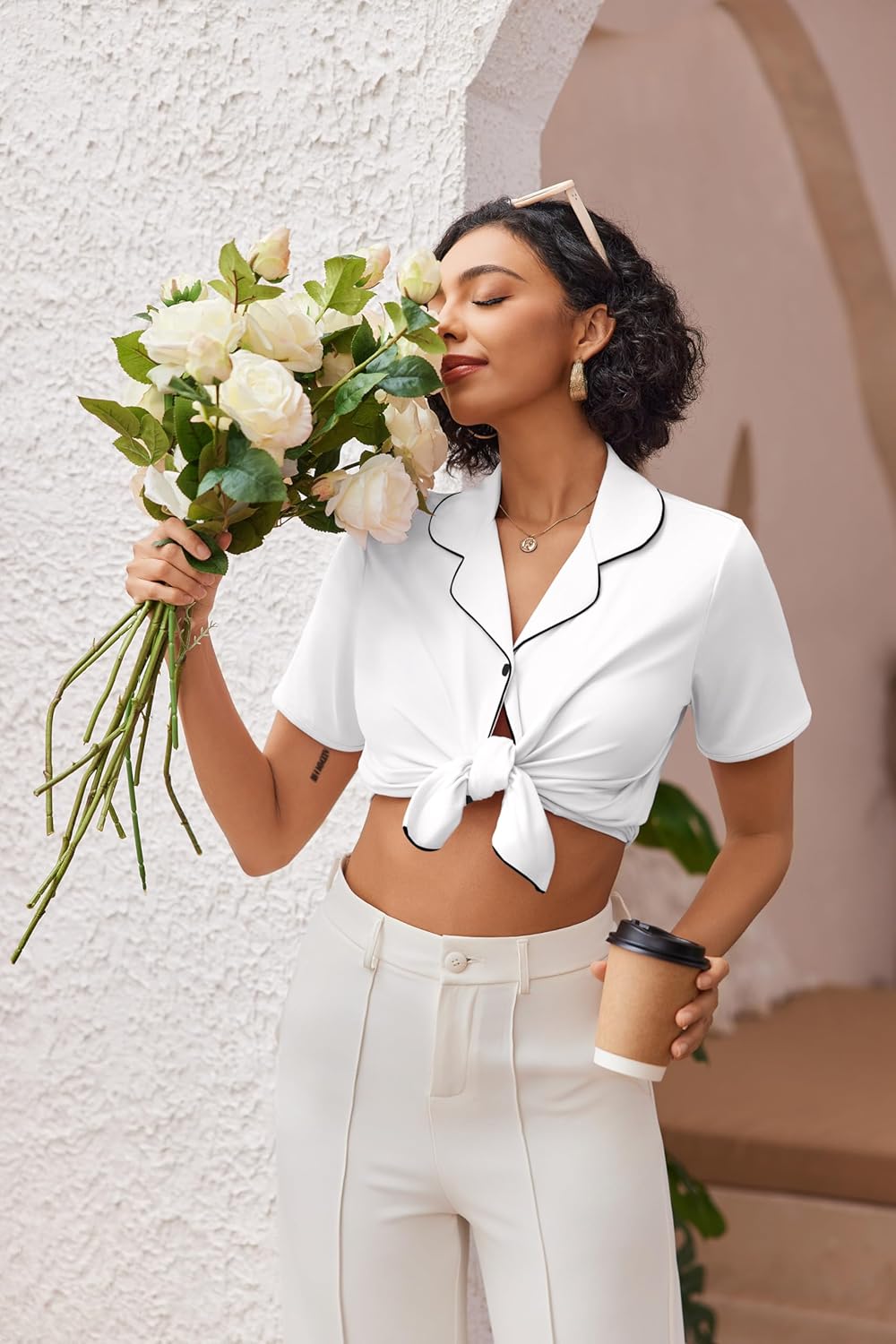 Ekouaer Pajamas for Women Set Button Up Sleepwear 2 Piece Pjs Lounge Set Short Sleeve Nightwear - Image 5