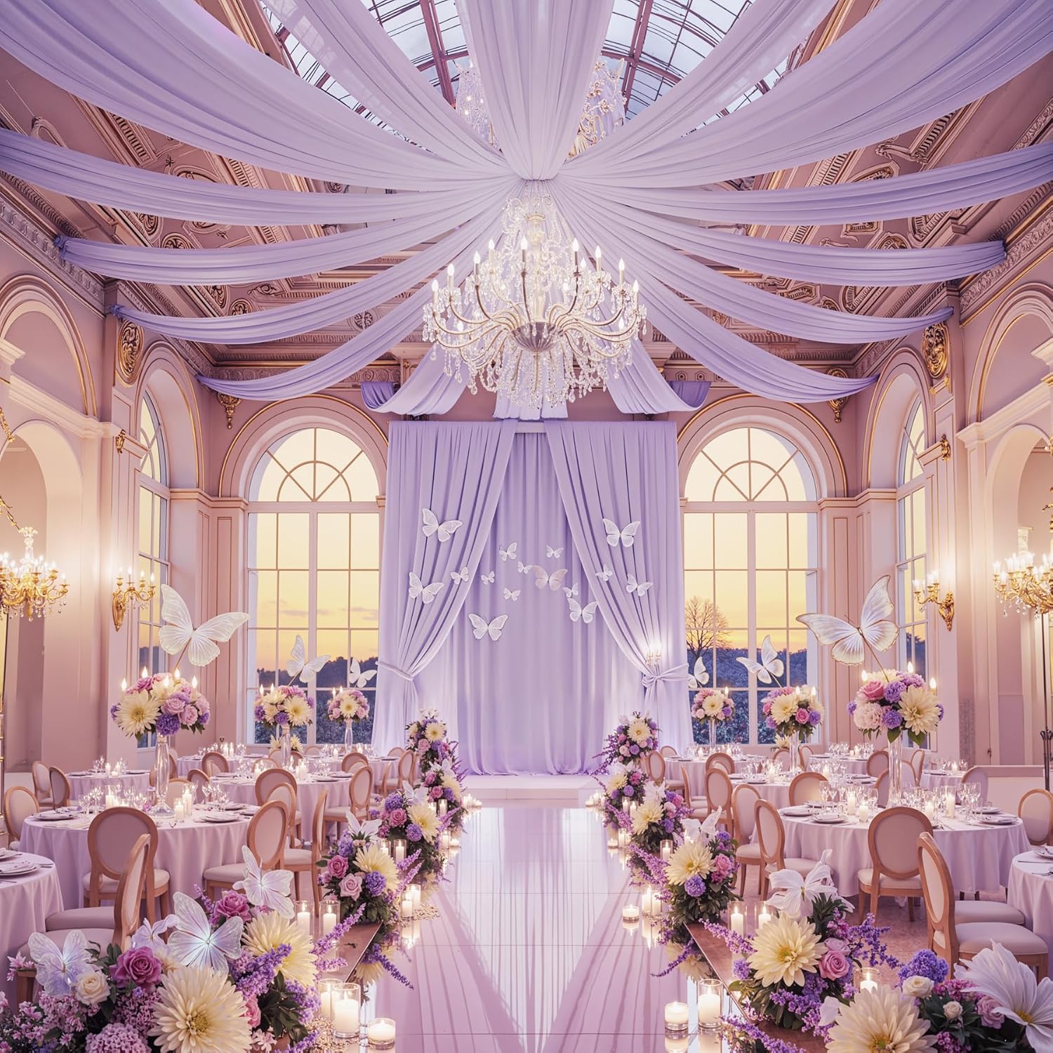 20ft×20ft Lilac Purple Ceiling Drapes for Weddings Parties,4 Panels 5×20ft Long Ceiling Curtain for Tent Canopy,Wrinkle Free Silk Draping Lavneder Drapes for Event Church Stage Photo Bedroom
