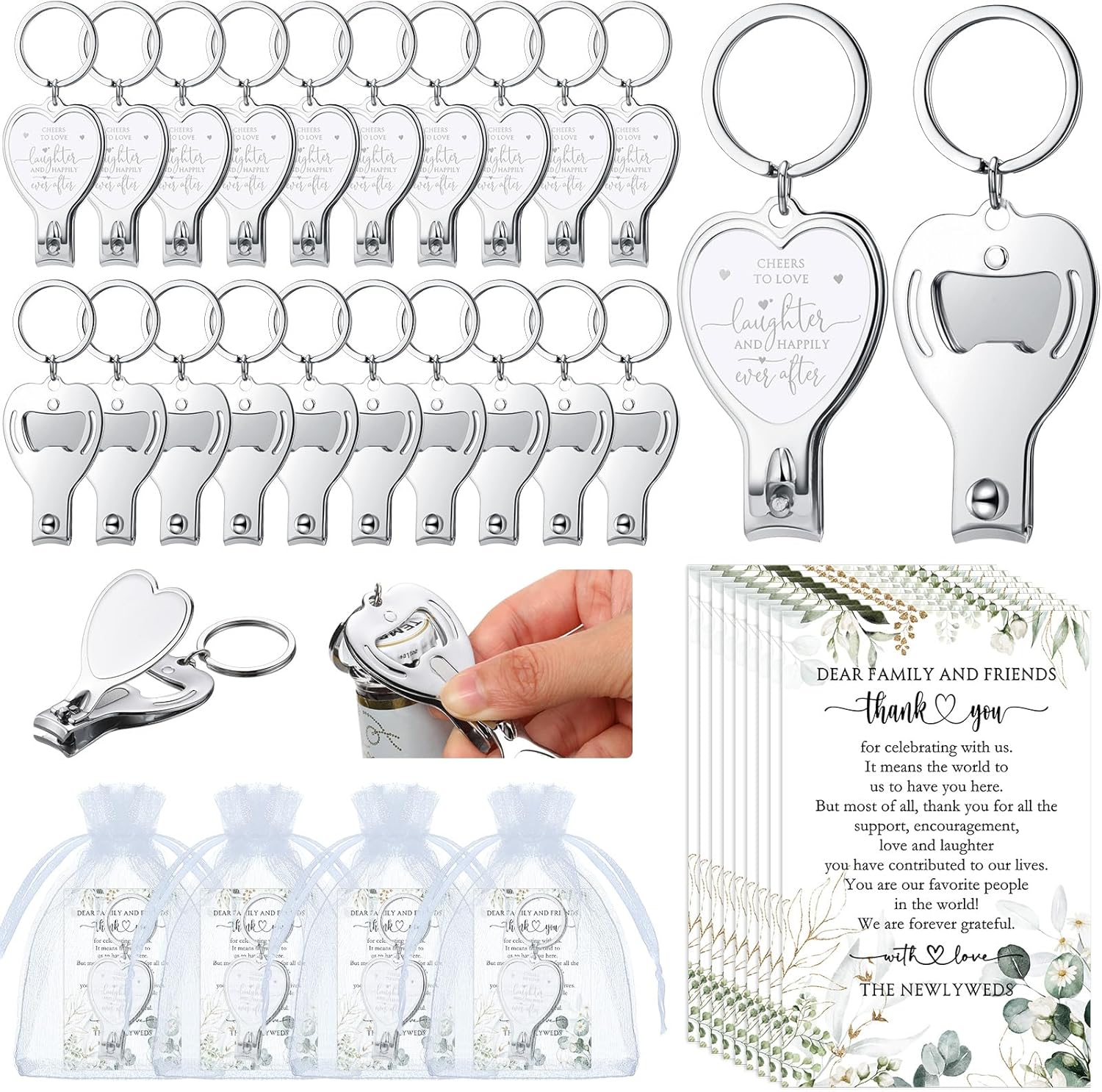 Tondiamo 50 Set Elegant Wedding Favors – Heart Bottle Opener Keychains with Thank You Cards & Organza Bags, Simple & Useful Guest Gifts for Wedding, Bridal Shower, Engagement Party