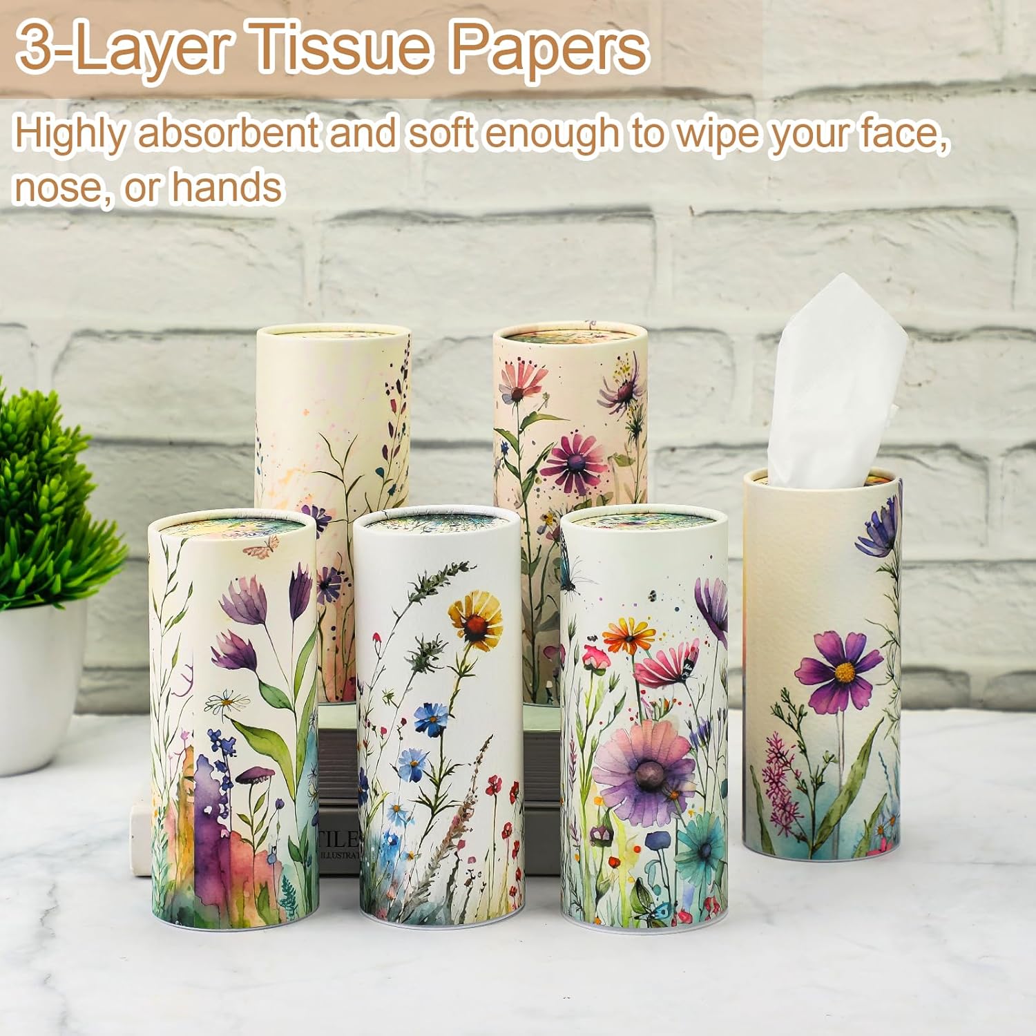 Layhit 12 Pcs Car Tissues Round Facial Tissues Boxes Vintage Floral Printed Travel Cylinder Cube Holder Bulk for Car Cup Holder(Flowers)