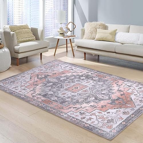 Miniatura 5 de COZYLOOM Alfombra de área de 8 x 10 pulgadas, estilo bohemio, con estampado floral, envejecida, vintage, lavable, para interiores, alfombra fina y