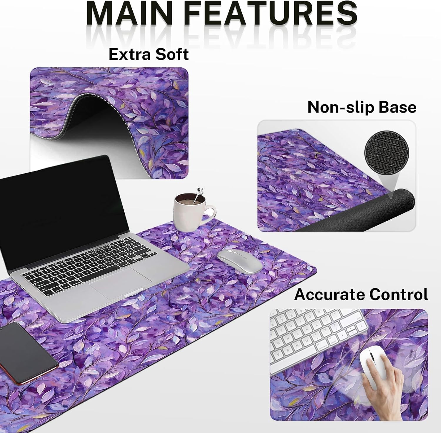 Britimes Purple Oil Painting Leaves Keyboard Mouse Pad Set Plant 4in1 Large Mousepad+Keyboard Wrist Rest+Mouse Wrist Rest+Coaster Ergonomic Design for Home Office Computer 35.4x15.7 inches