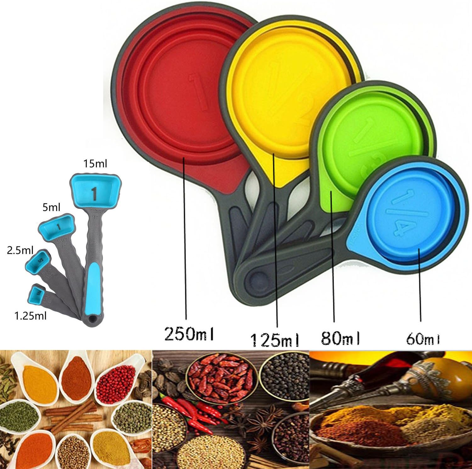 8 Piece Silicone Measuring Spoons and Collapsible Measuring Cups Set Perfect for Home Baking, Cooking, Outdoor Picnic or Camping