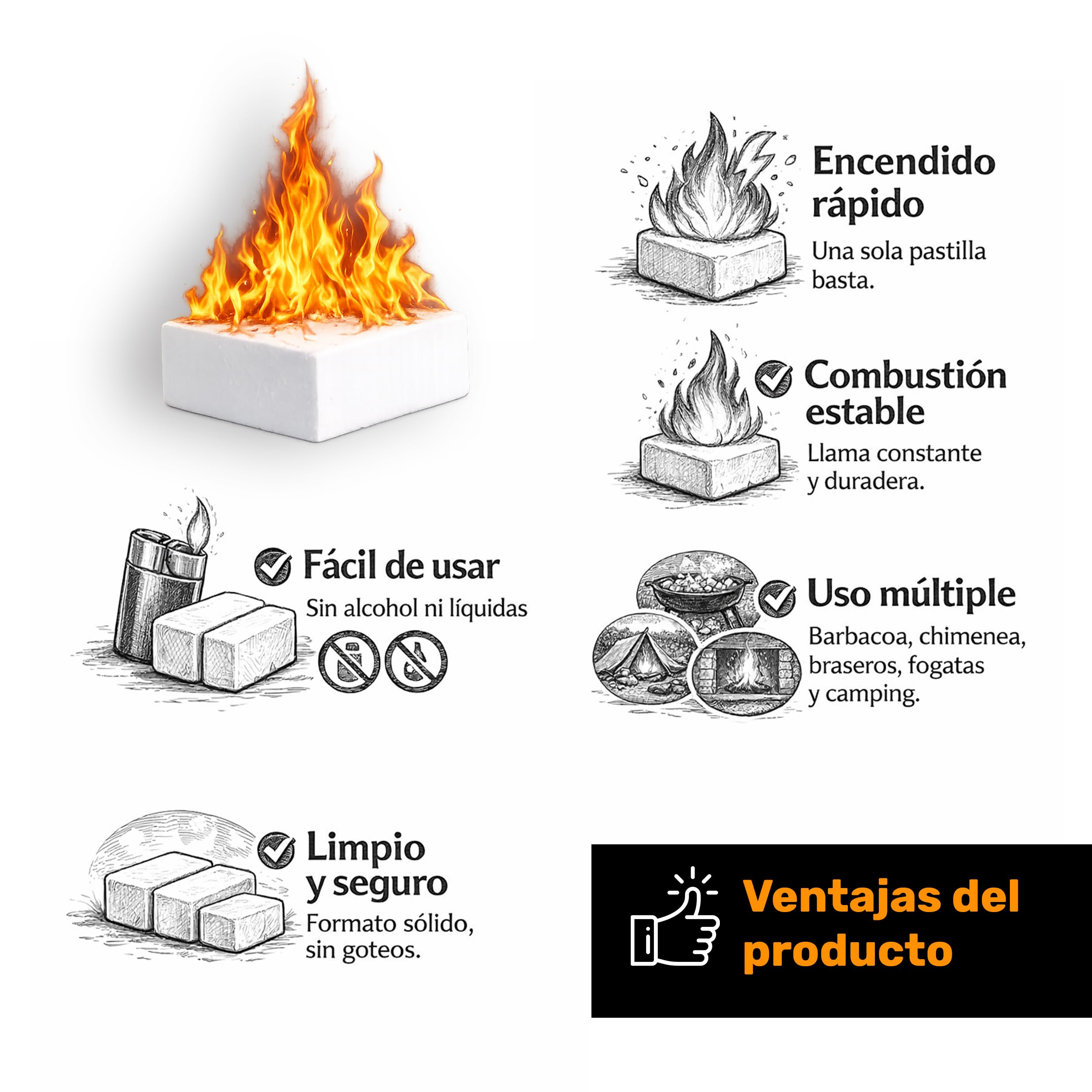 Pack 6 Pastillas de Encendido para Barbacoas y Chimeneas, Encendedor Sólido para Carbón y Leña, Encendido Rápido y Seguro, Ideal para BBQ, Estufas y Camping — view 3