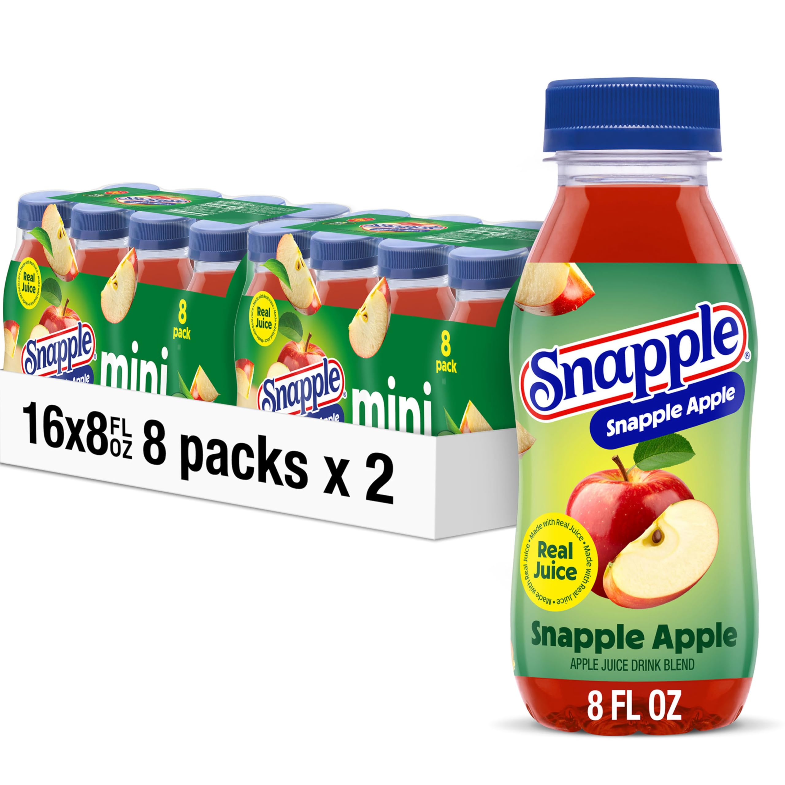 Snapple Apple Juice Drink, 8 Fl oz Mini Bottle, 16 Pack (2 Packs of 8)