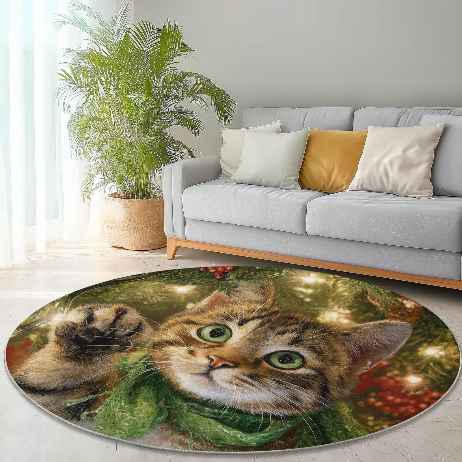 Teppich Wohnzimmer Rund 200 cm Teppich Schlafzimmer Grün Kurzflor Wohnzimmerteppich Weihnachten Katze Kiefernzweig Waschbar rutschfest Rund für Wohnzimmer Schlafzimmer Esszimmer